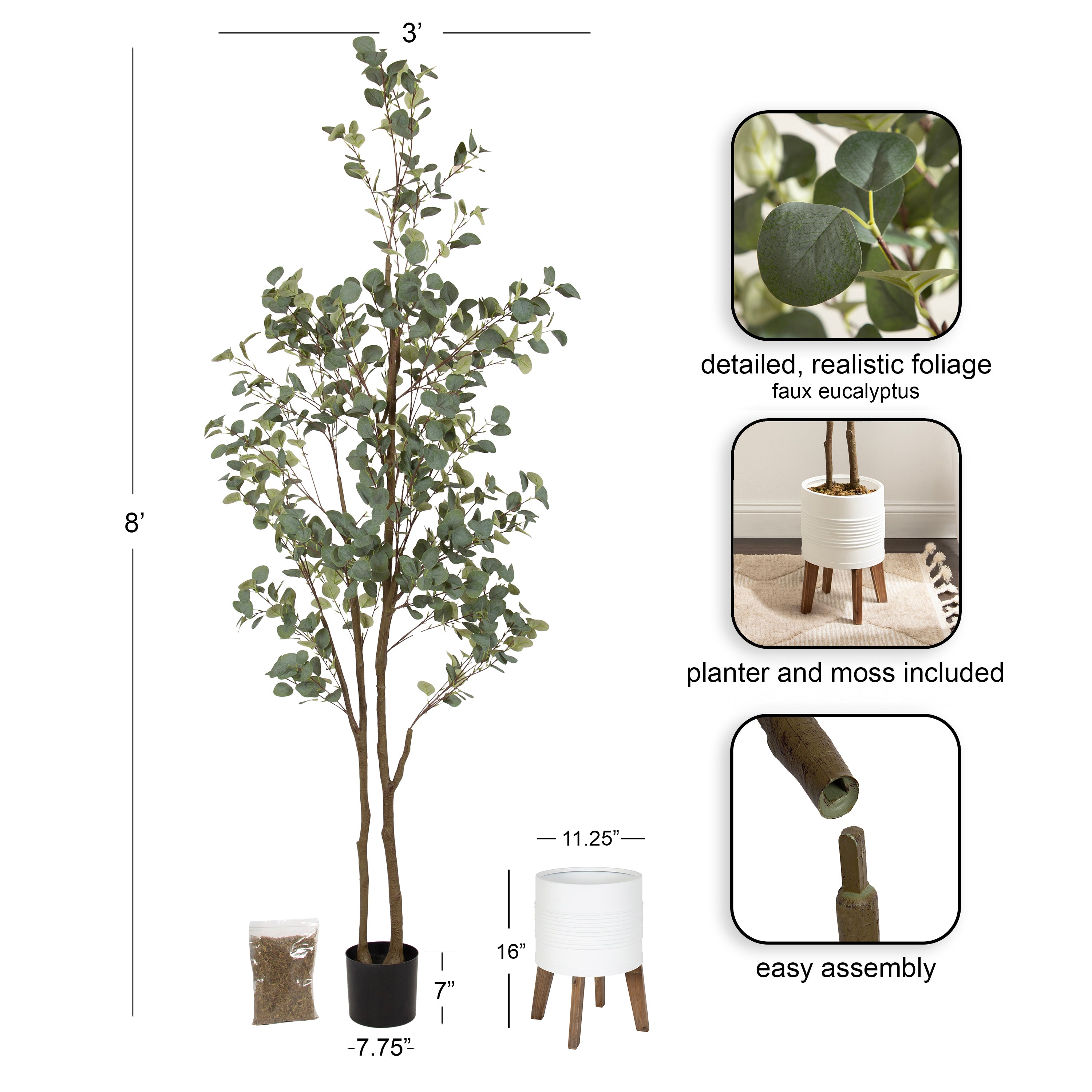 Faux Tree White Rustic Brown 8.5' 2