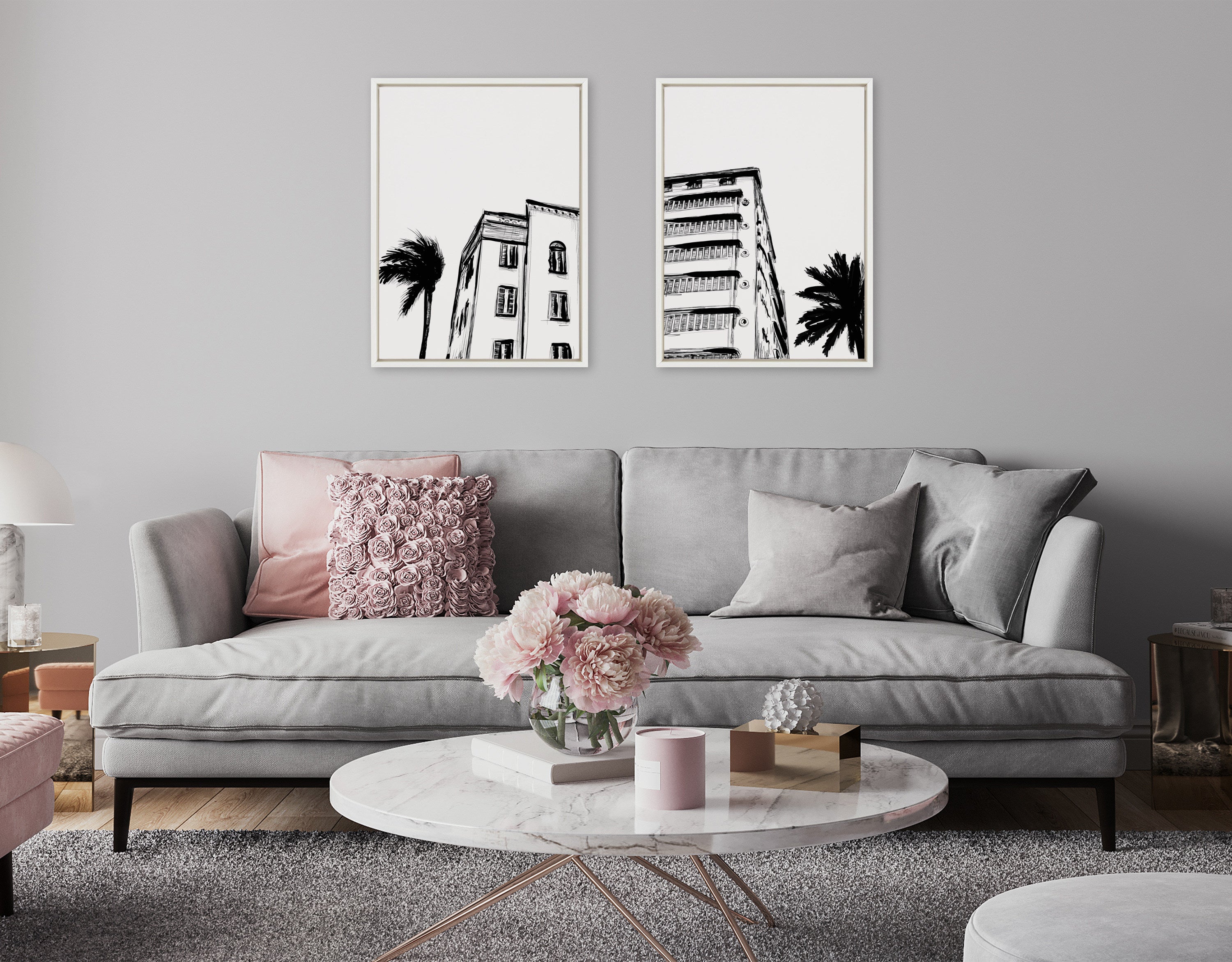 Sylvie Miami Beach Architecture Retro Art Deco Framed Canvas Art Set by The Creative Bunch Studio