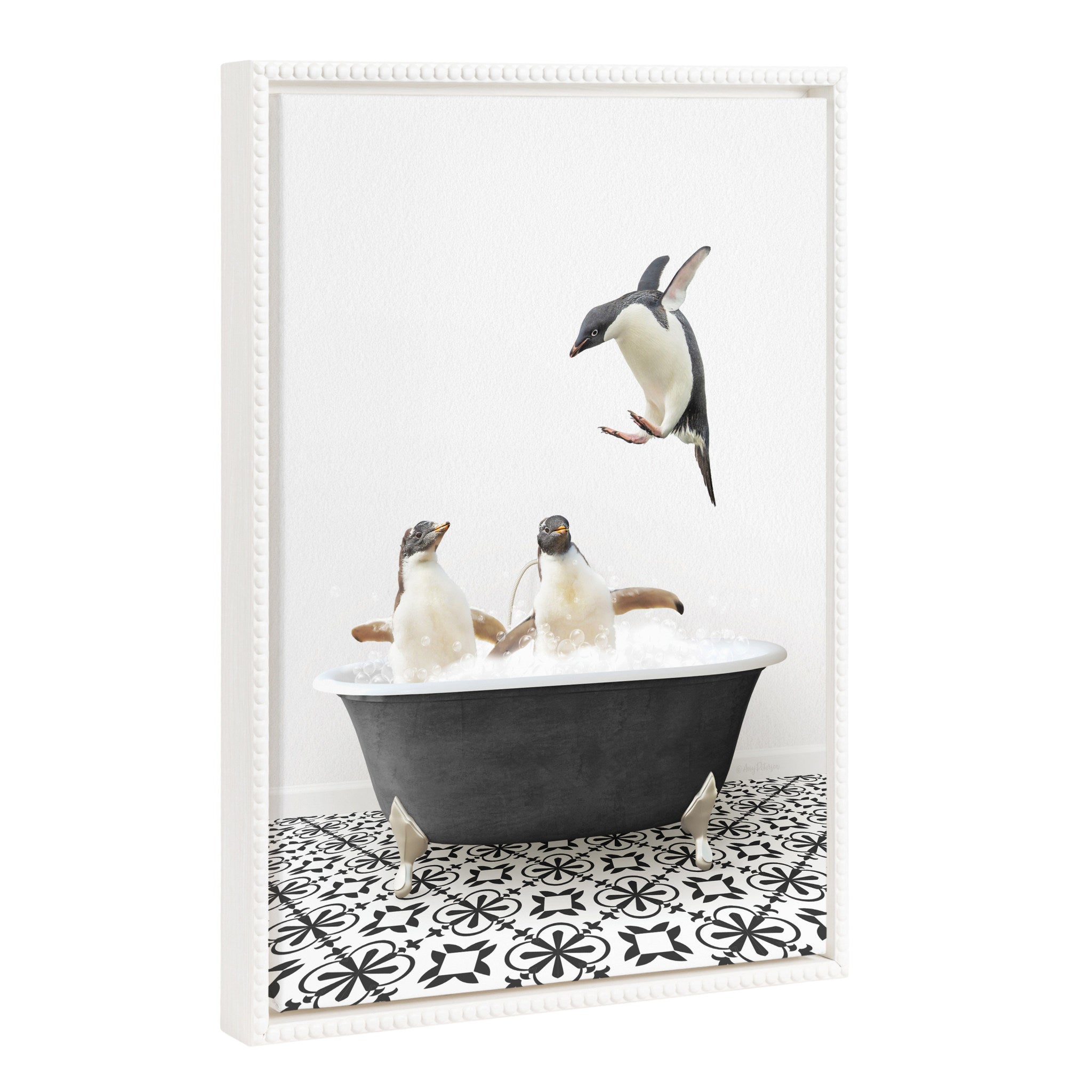 Sylvie Beaded Penguins in Black and White Stencil Bath Framed Canvas by Amy Peterson