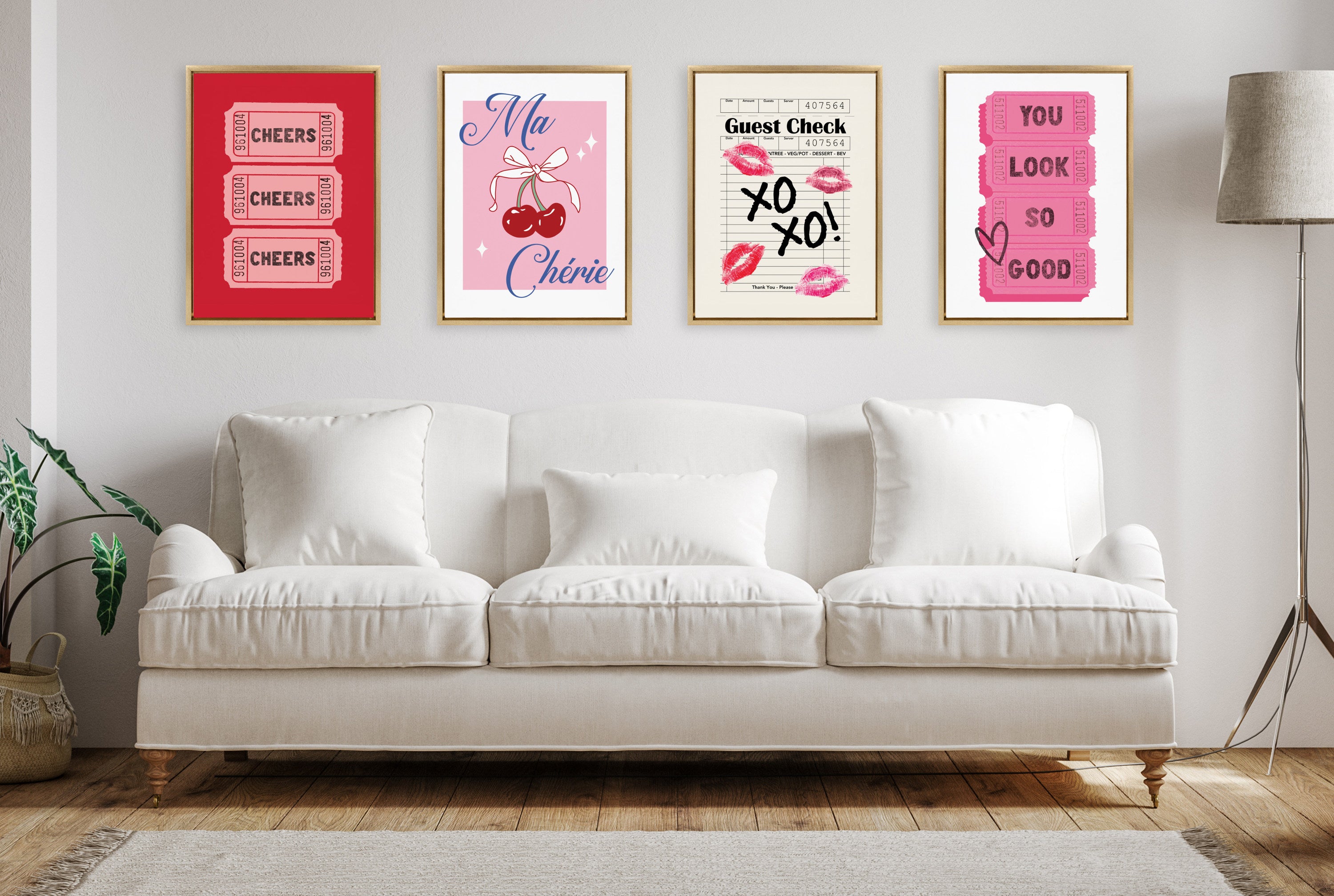 Sylvie Cheers Pink Red Ticket Framed Canvas by Alli Standefer