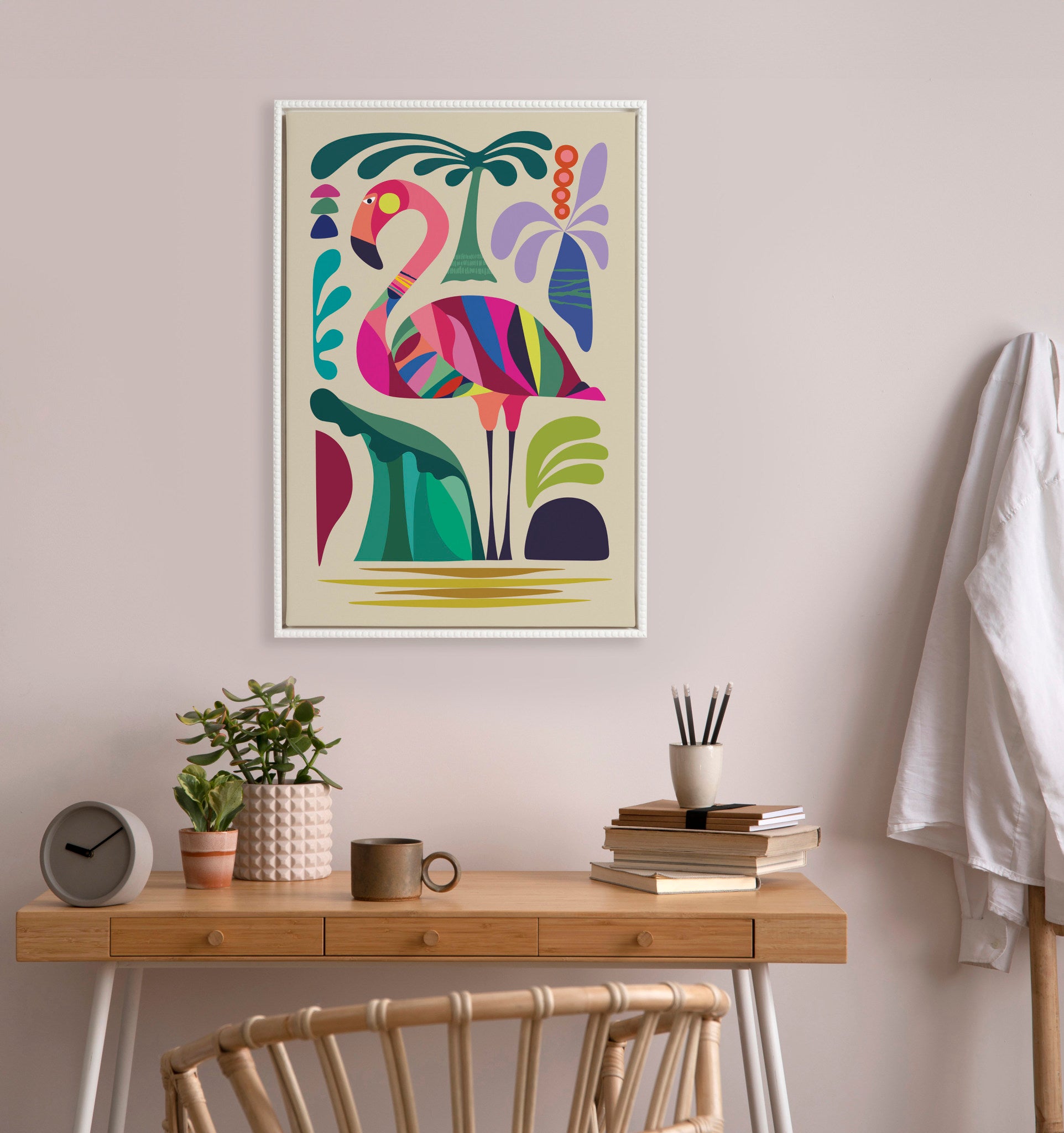 Sylvie Beaded MCM Flamingo Framed Canvas by Rachel Lee