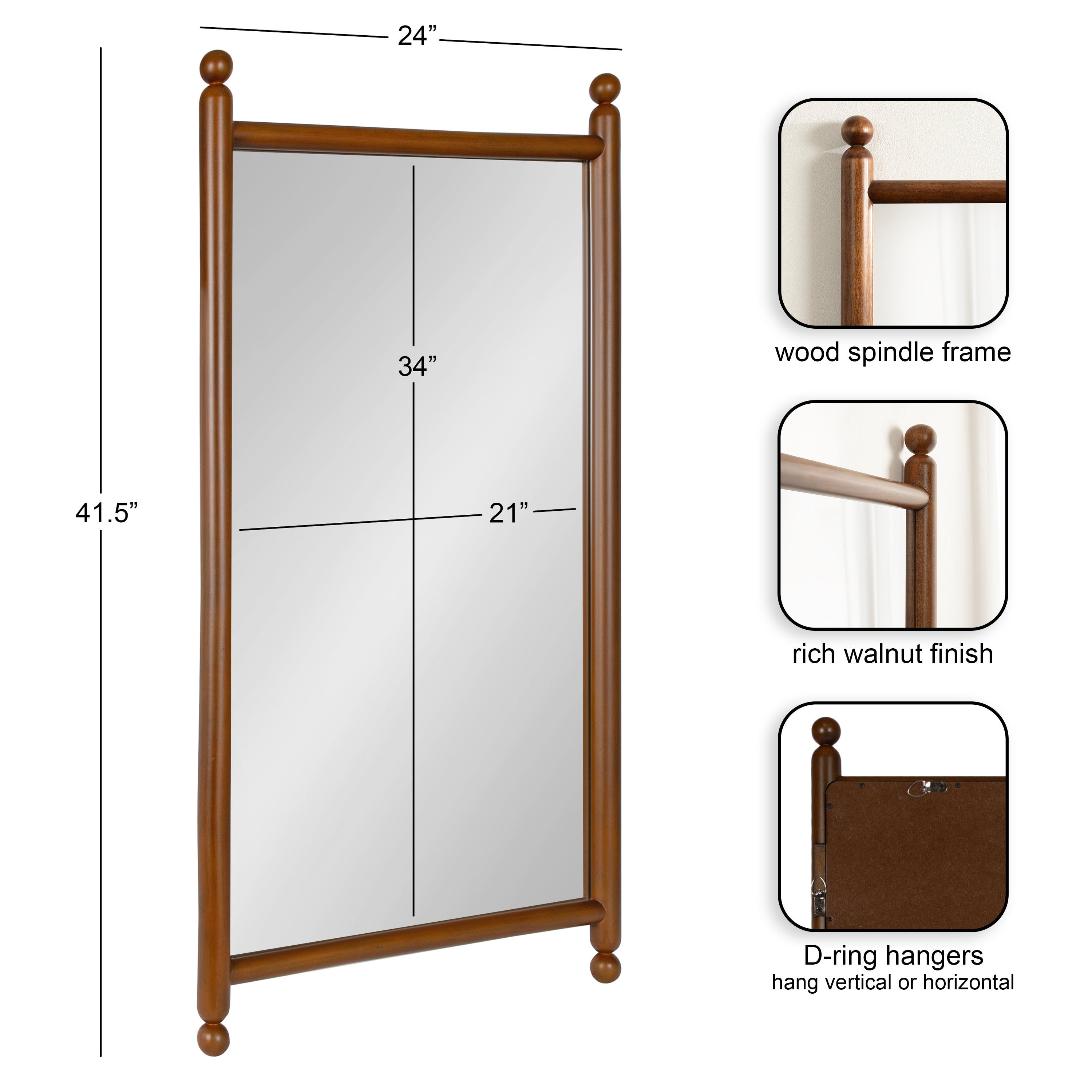 Rectangle Mirror Walnut Brown 24x42 2
