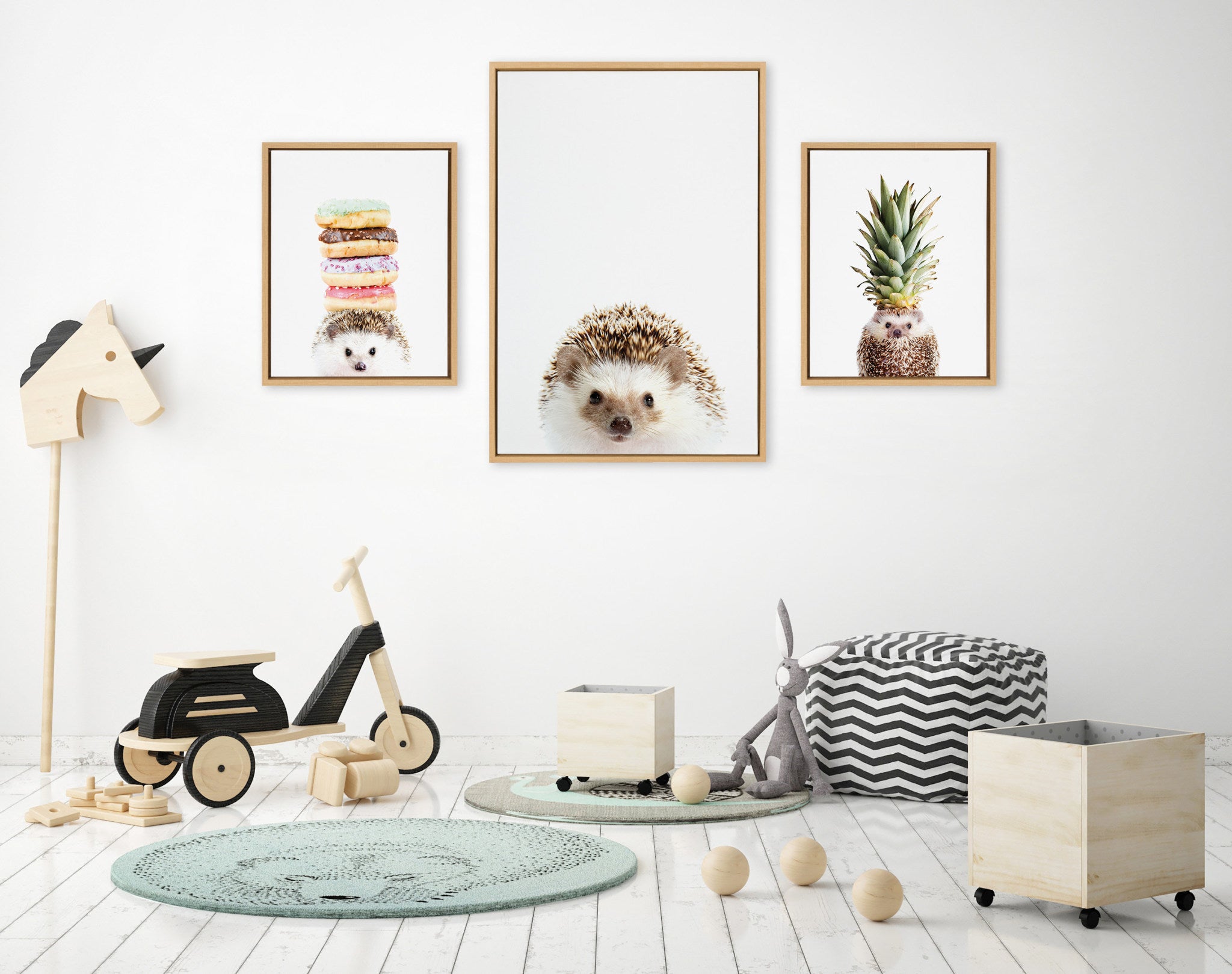Sylvie Hedgehog, Hedgehog Donuts and Hedgehog Pineapple Framed Canvas Art Set by Amy Peterson Art Studio