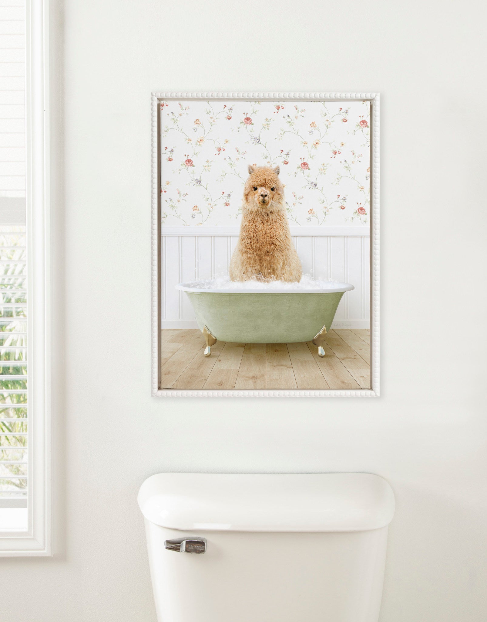 Sylvie Beaded Baby Golden Alpaca in Country Cottage Bath Framed Canvas by Amy Peterson