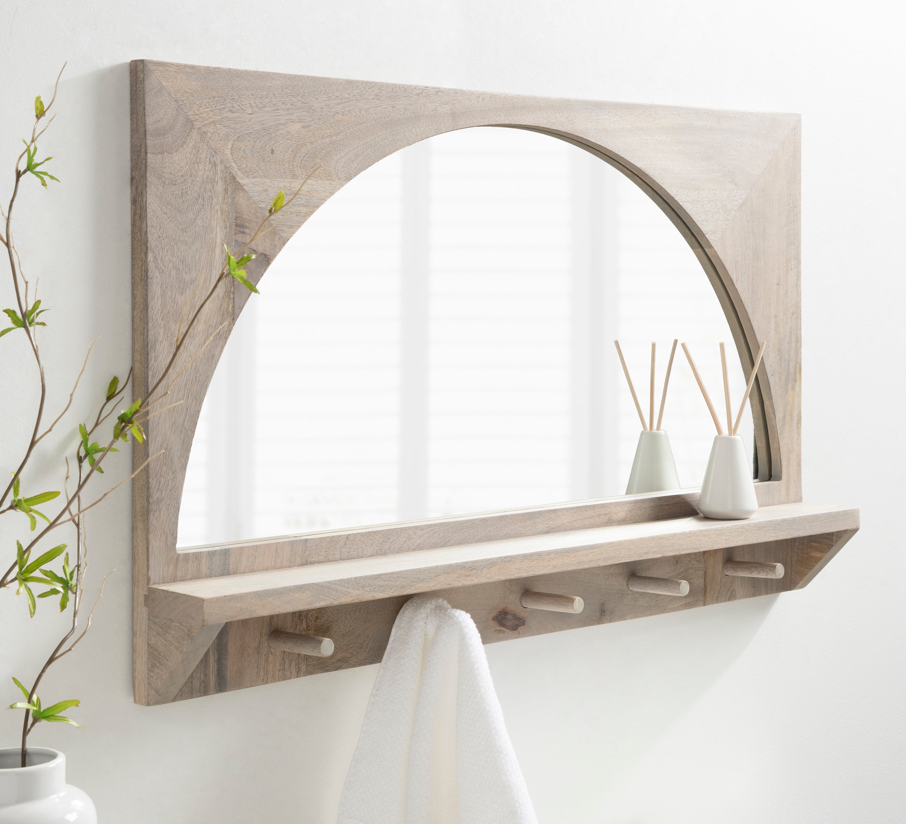 Hollow Modern Walnut Wall Mirror with Shelf and Hooks