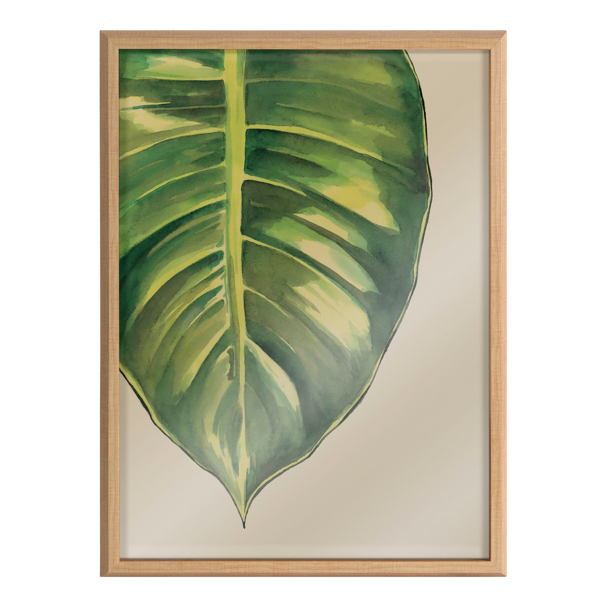 Blake Large Leaf Greener Hue Neutral Framed Printed Glass by Emily Marie Watercolors
