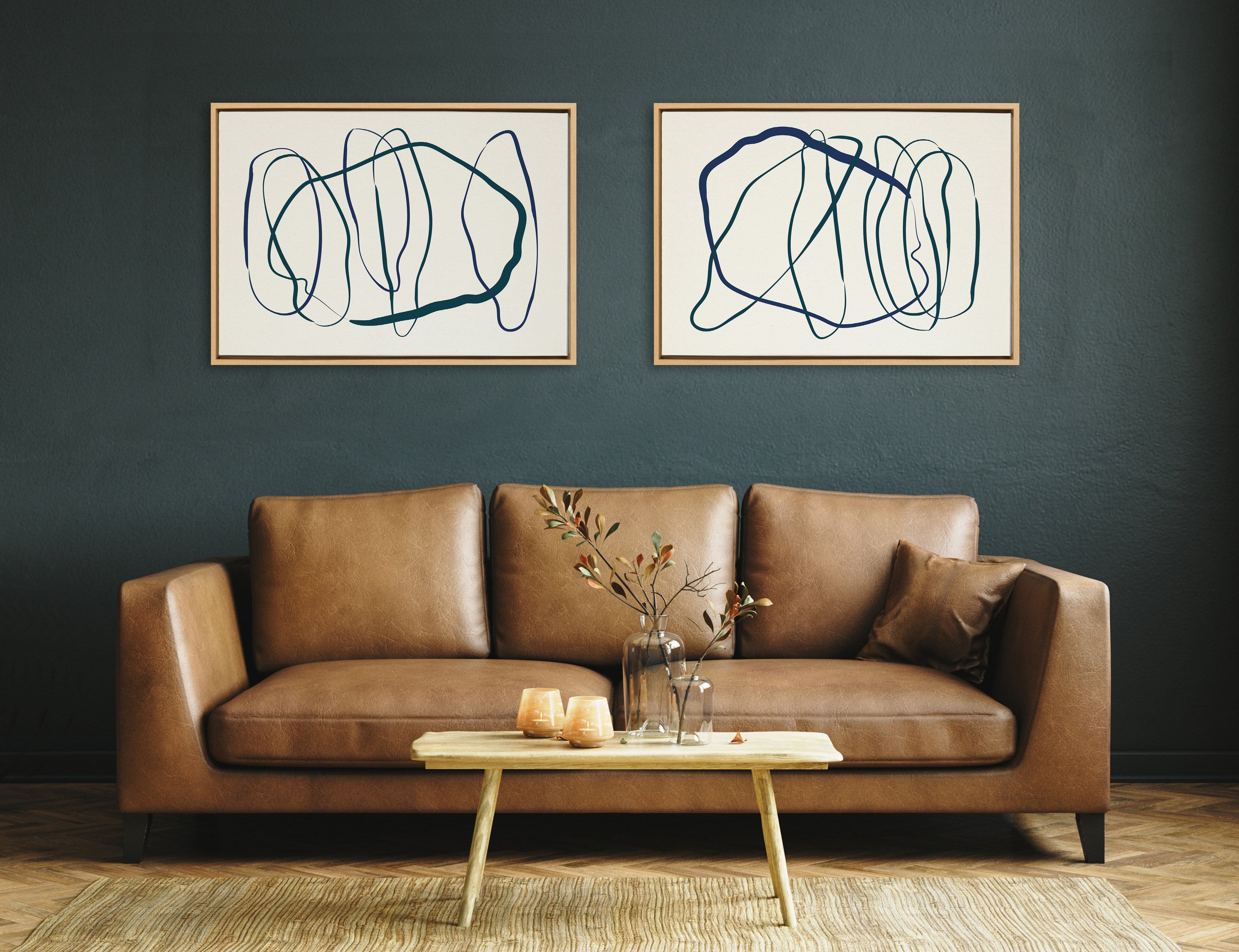 Sylvie Blue and Green Expressive Abstract 1 and 2 Framed Canvas Art Set by The Creative Bunch Studio
