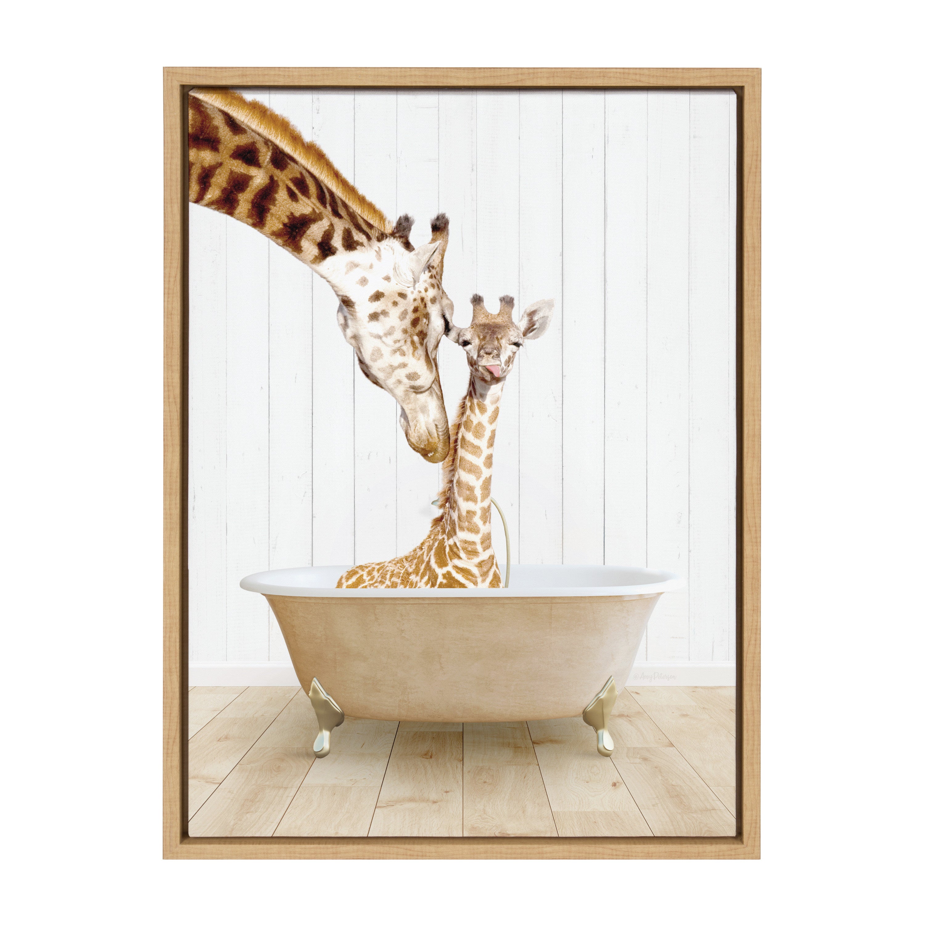 Sylvie Mother and Baby Giraffe Farmhouse Bath Framed Canvas by Amy Peterson Art Studio