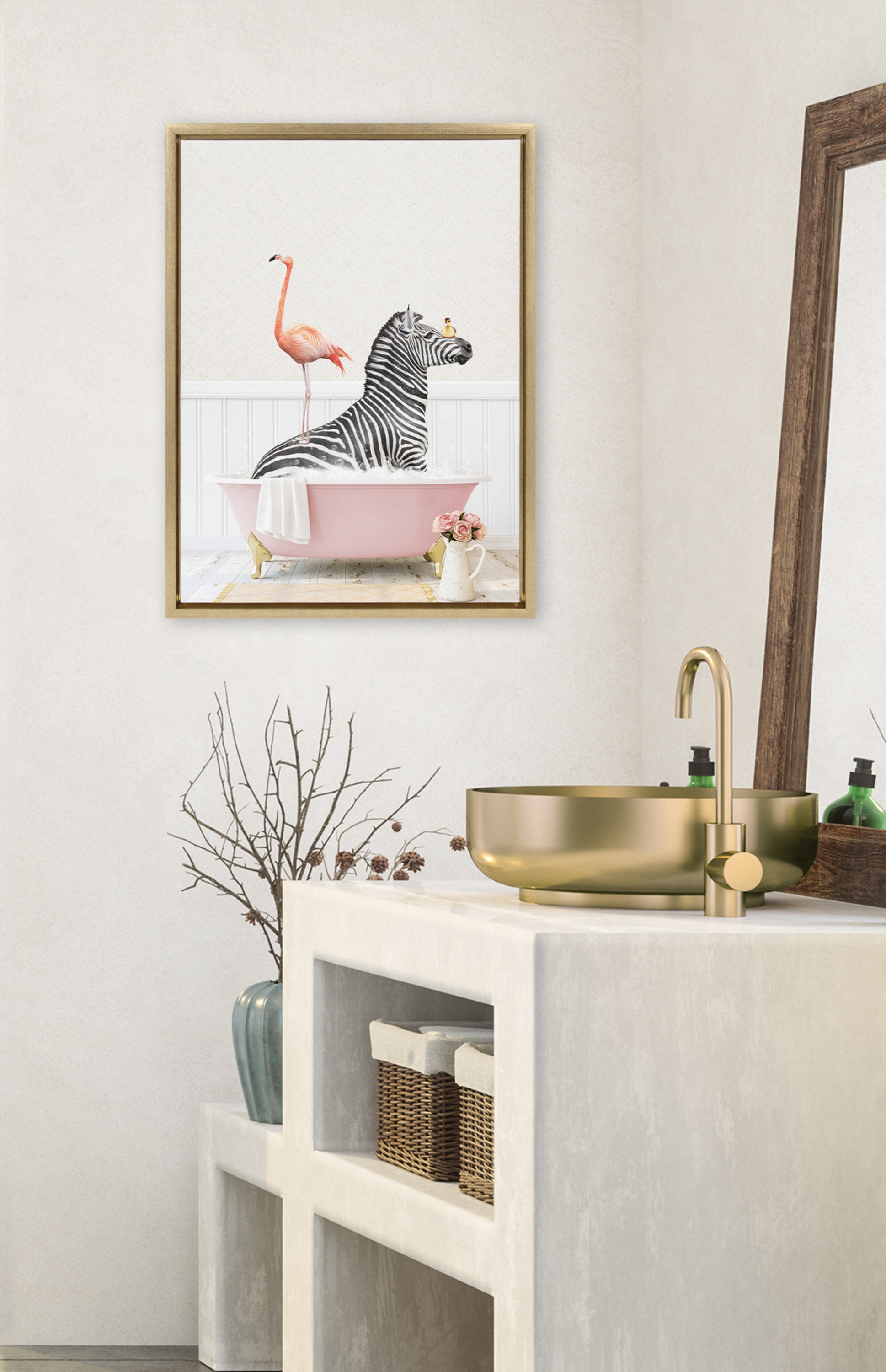 Sylvie Zebra and Flamingo in Cottage Rose Bath Framed Canvas by Amy Peterson Art Studio