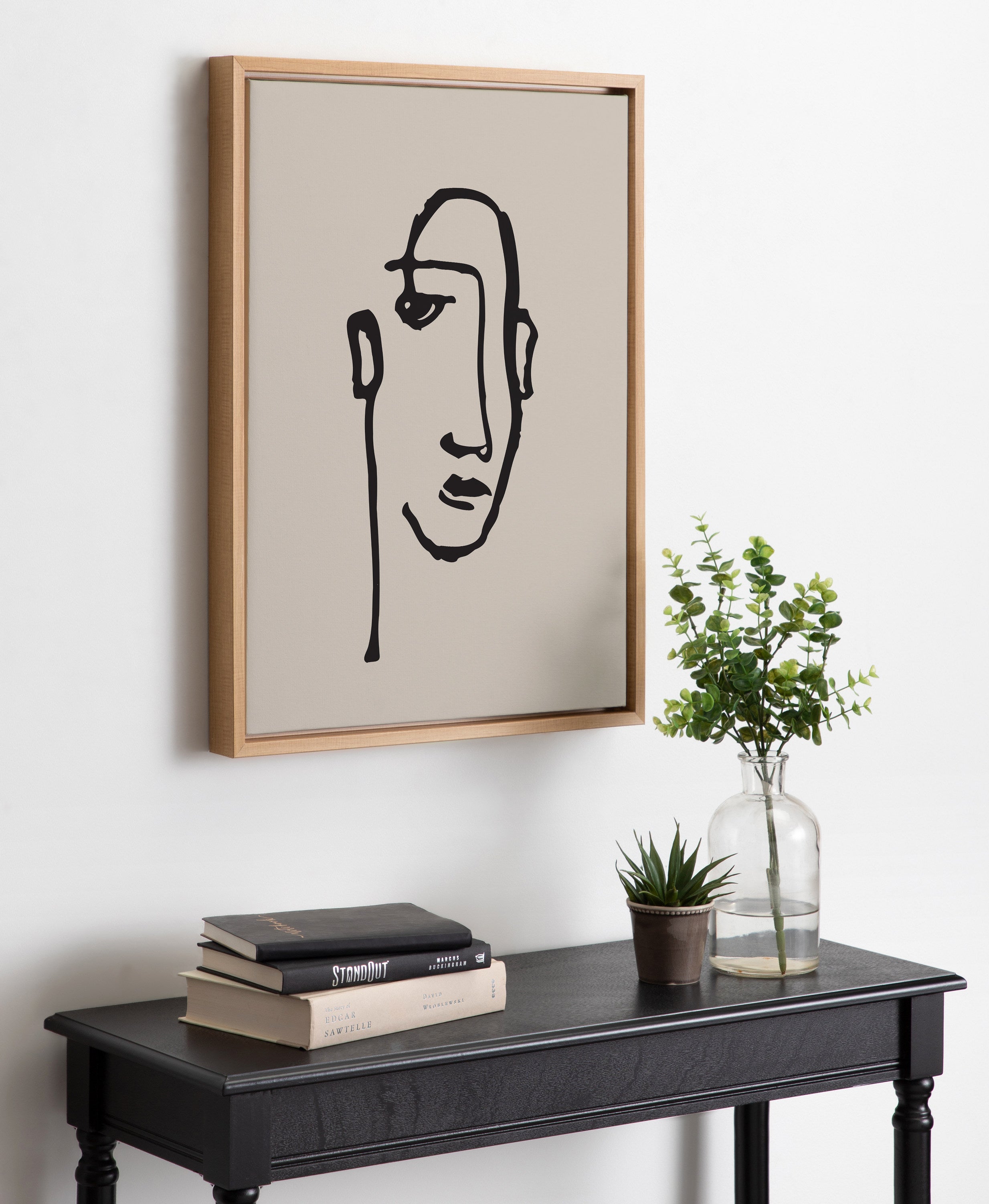 Sylvie Minimalist Neutral Line Art Drawing Face Framed Canvas by The Creative Bunch Studio