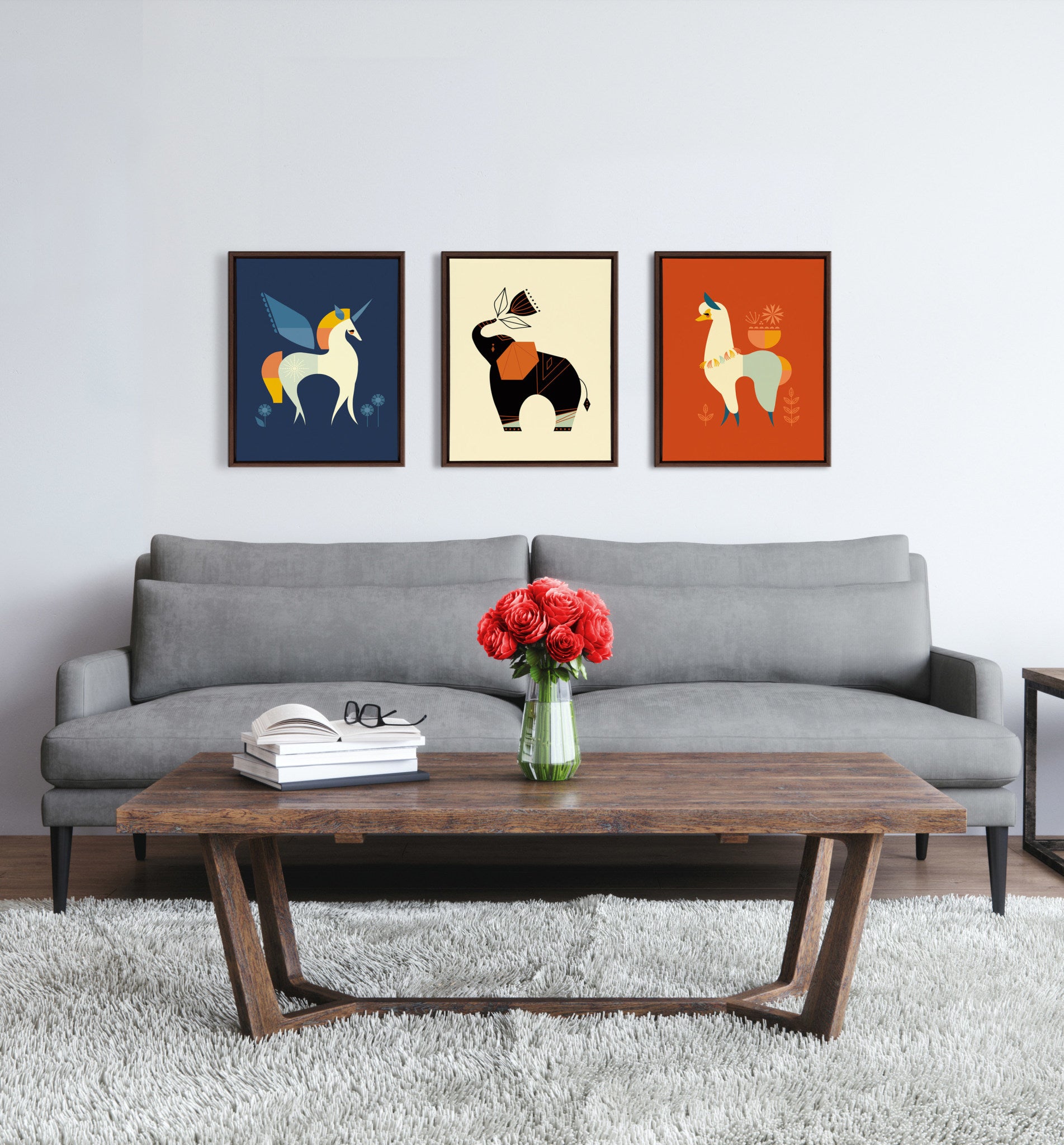 Sylvie Mid Century llama Framed Canvas by Amber Leaders Designs