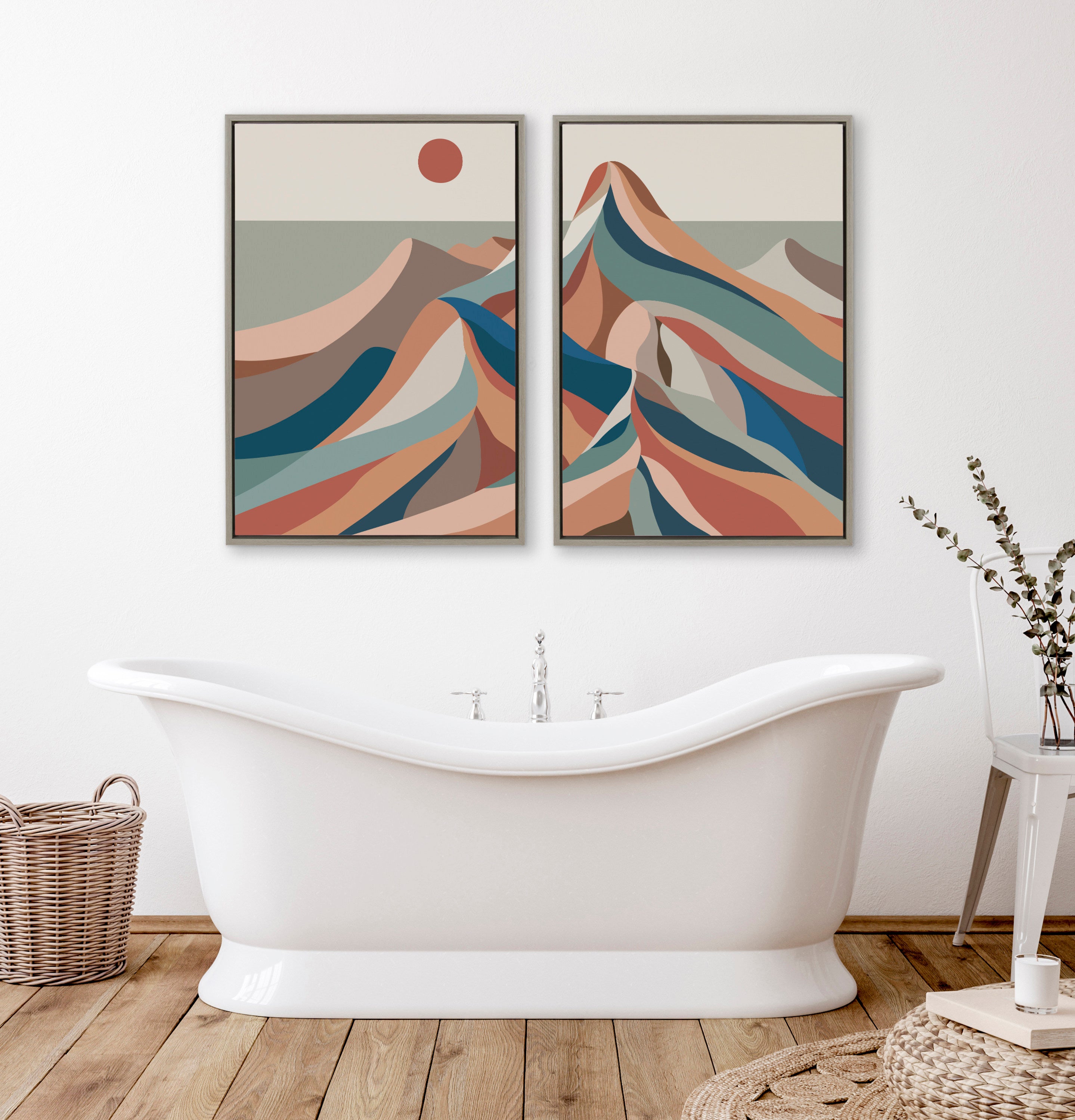Sylvie Mid Century Modern Mountains Blue Framed Canvas Set by Rachel Lee of My Dream Wall