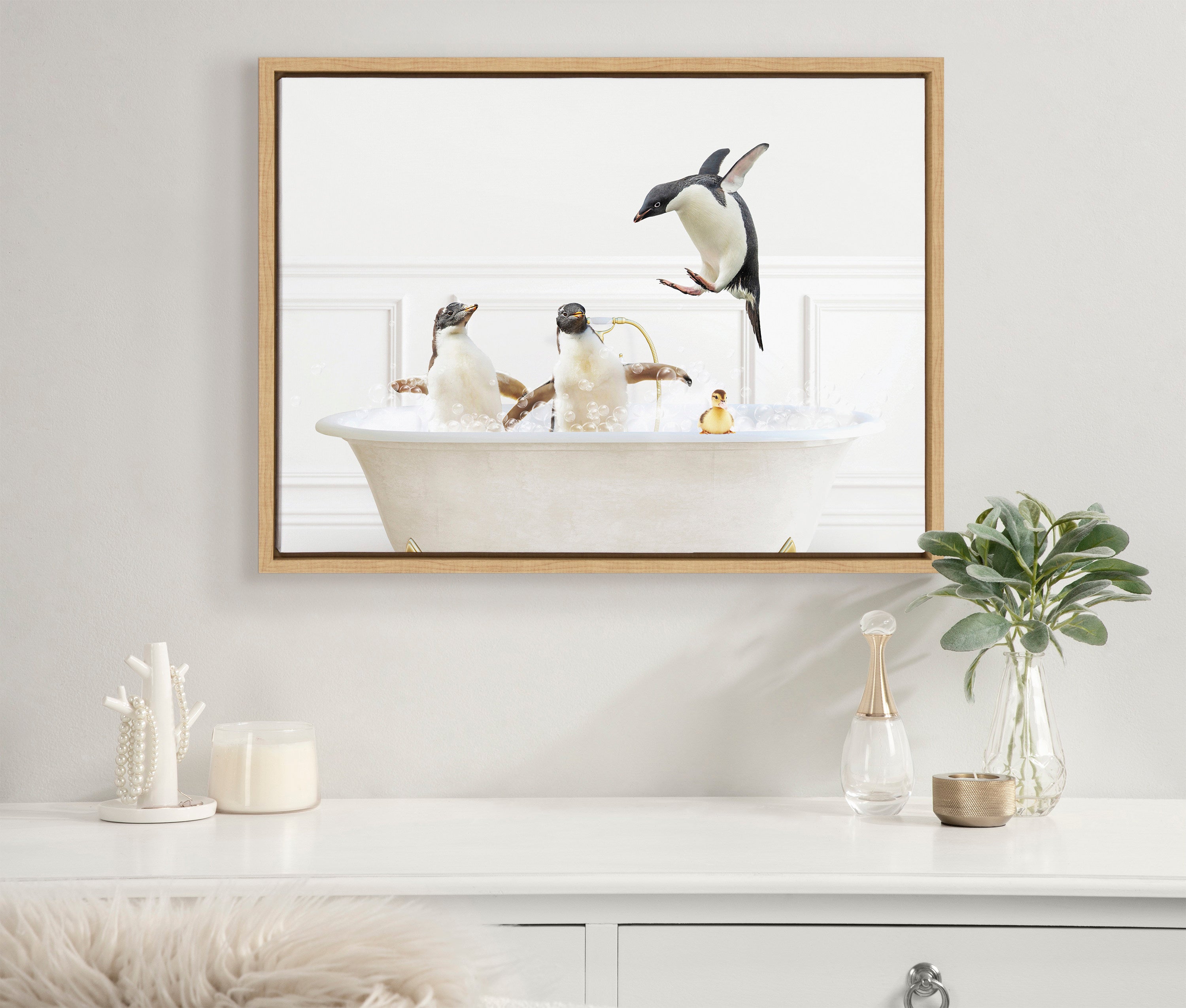 Sylvie Penguins In Bubble Bath Neutral Style Framed Canvas by Amy Peterson Art Studio