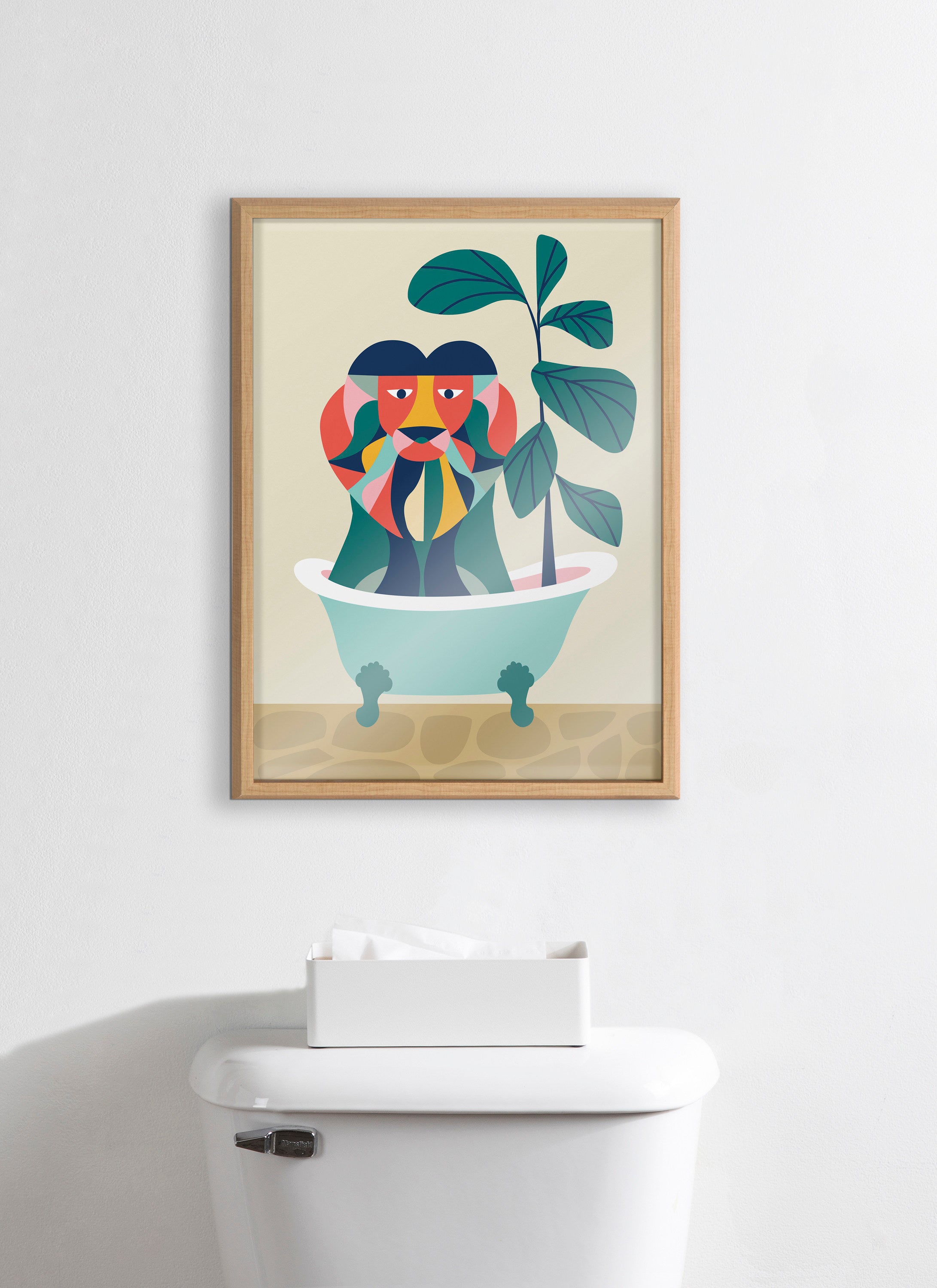 Blake Mid Century Modern Lion in Bathtub Framed Printed Glass by Rachel Lee of My Dream Wall