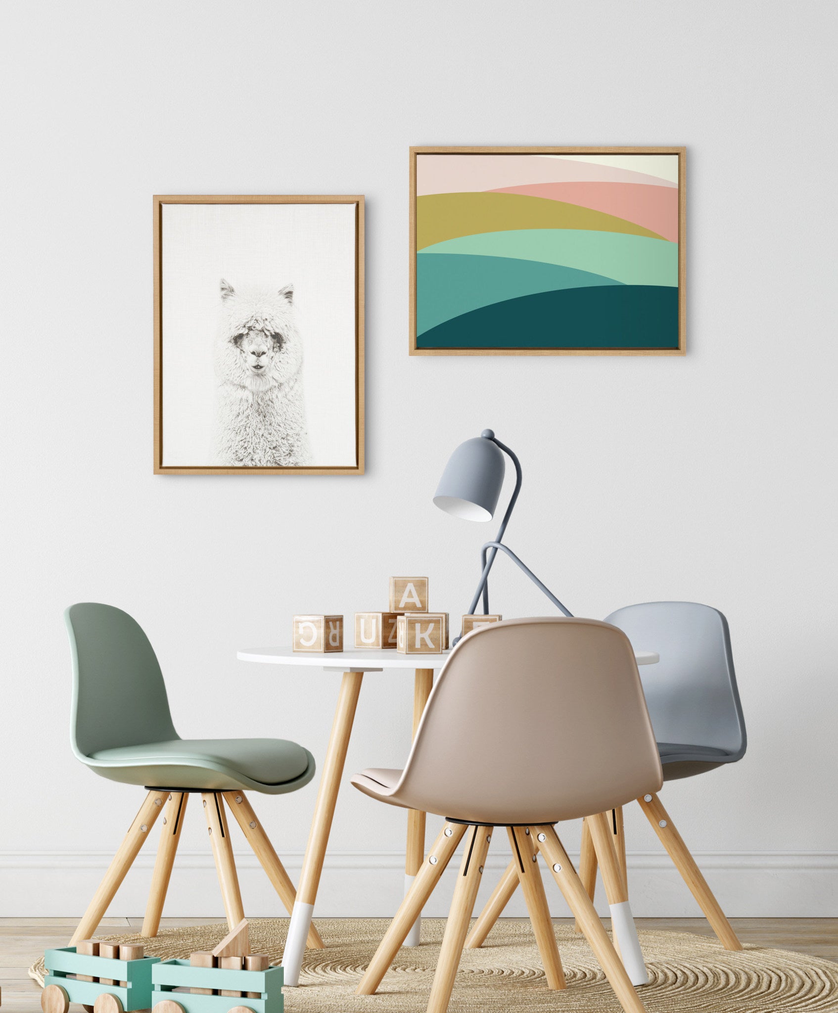 Sylvie Abstract Shapes Landscape in Pink and Green Framed Canvas by Apricot and Birch