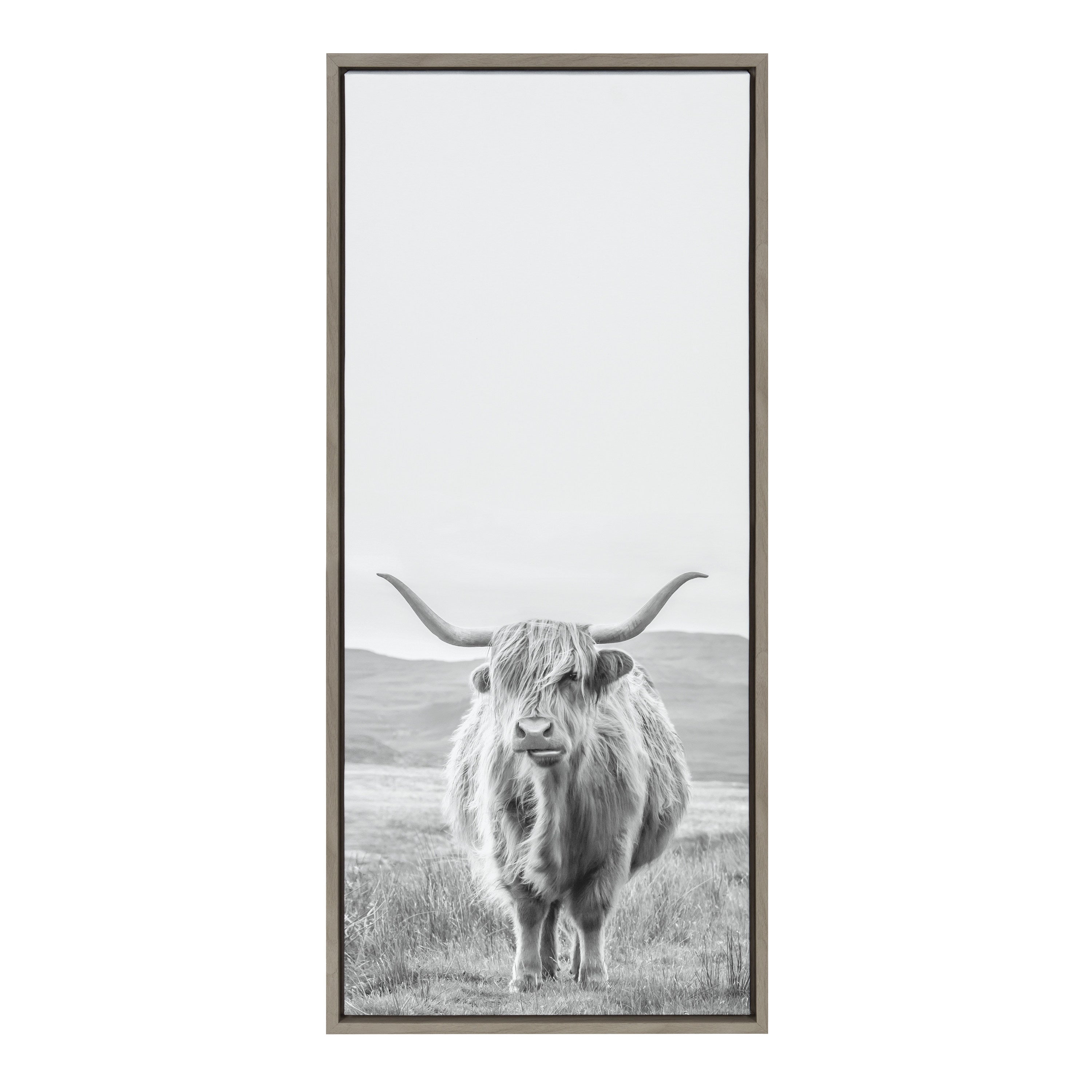 Sylvie Highland Cow Mountain Landscape Black and White Framed Canvas by The Creative Bunch Studio