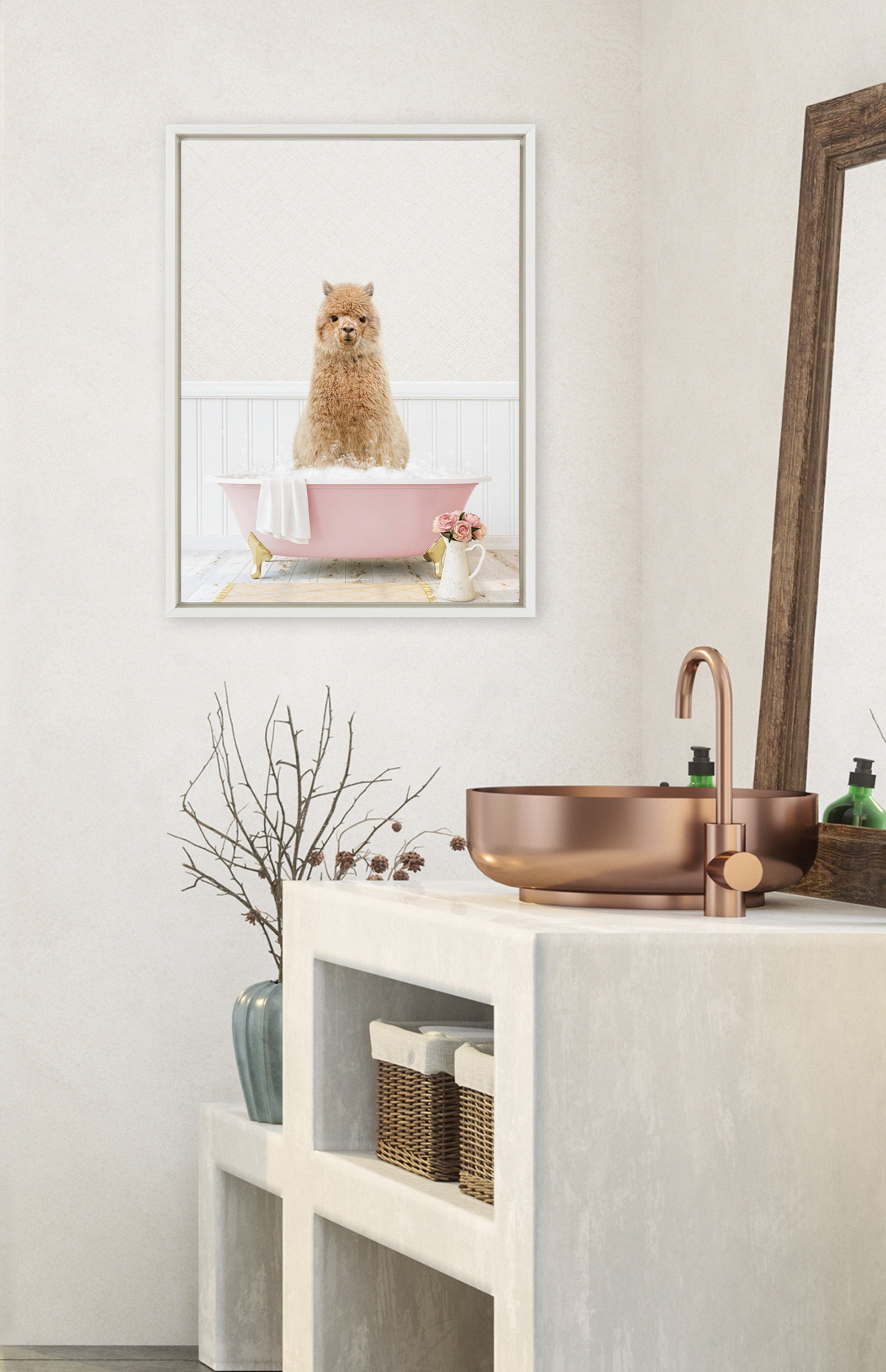 Sylvie Alpaca in Cottage Rose Bath Framed Canvas by Amy Peterson Art Studio