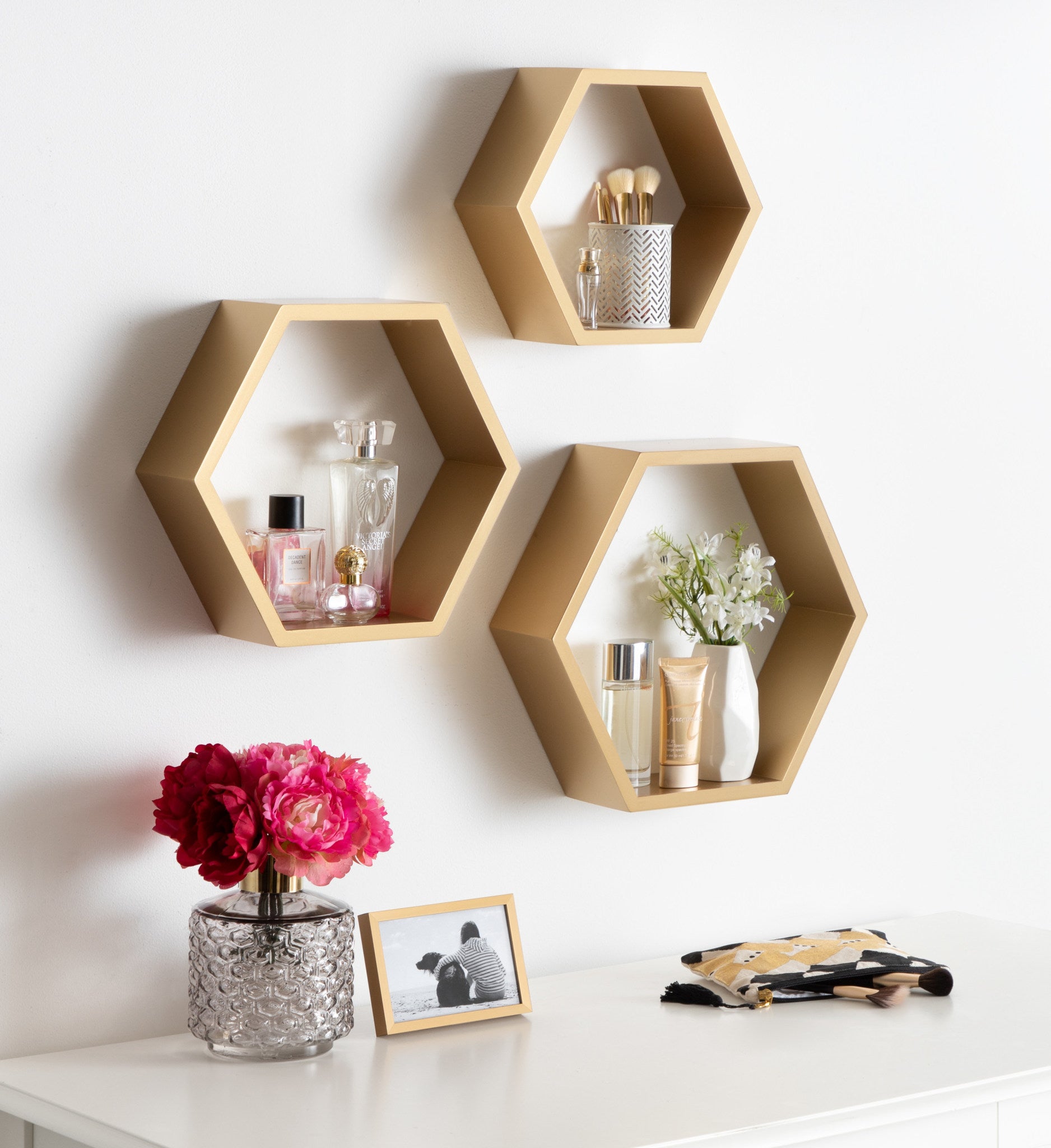 Kate and Laurel Putnam Hexagon Shelf Set of 3 Gold Dynamic Geometric Wall Decor And Storage kateandlaurel