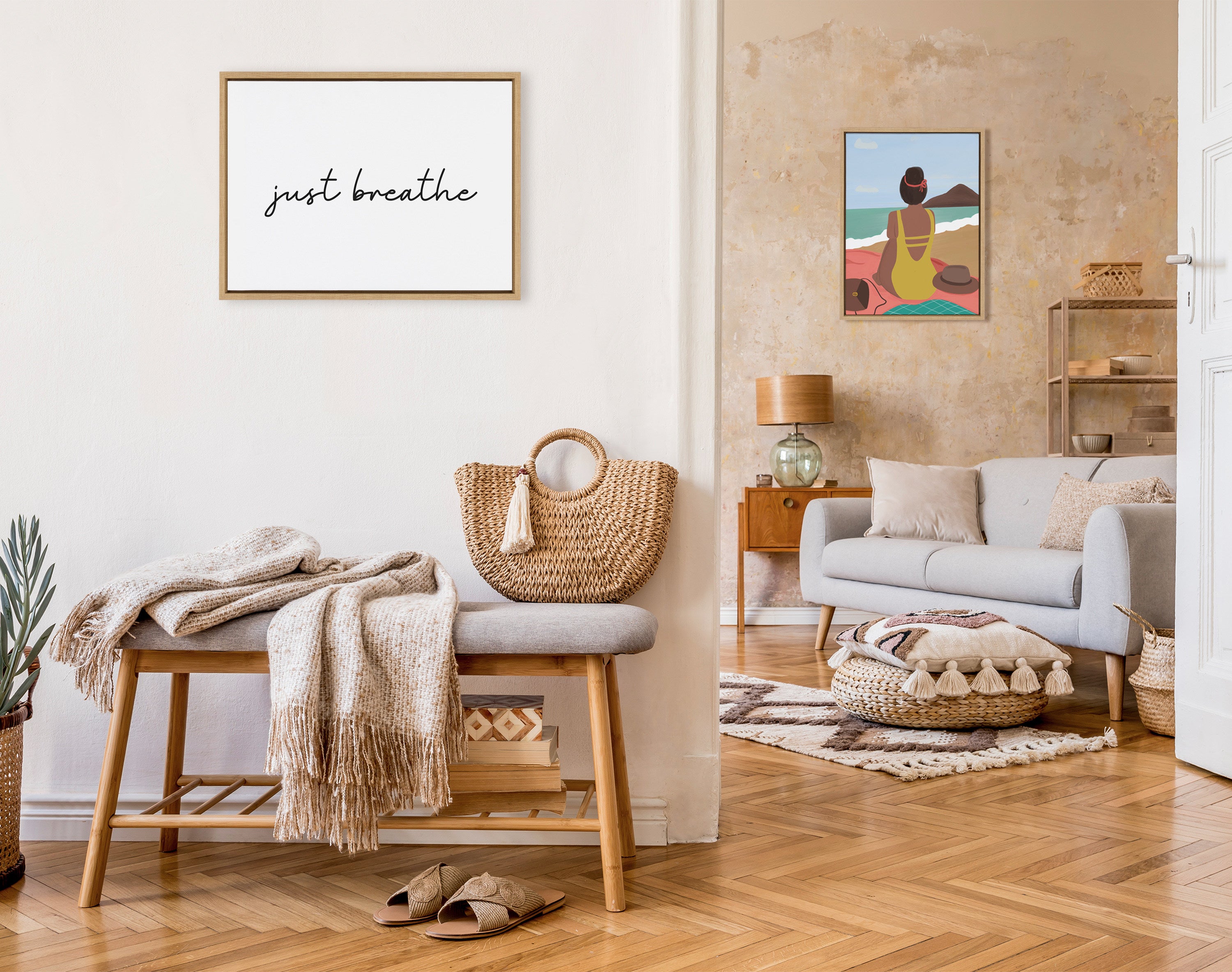 Sylvie Just Breathe Horizontal BW Framed Canvas by The Creative Bunch Studio
