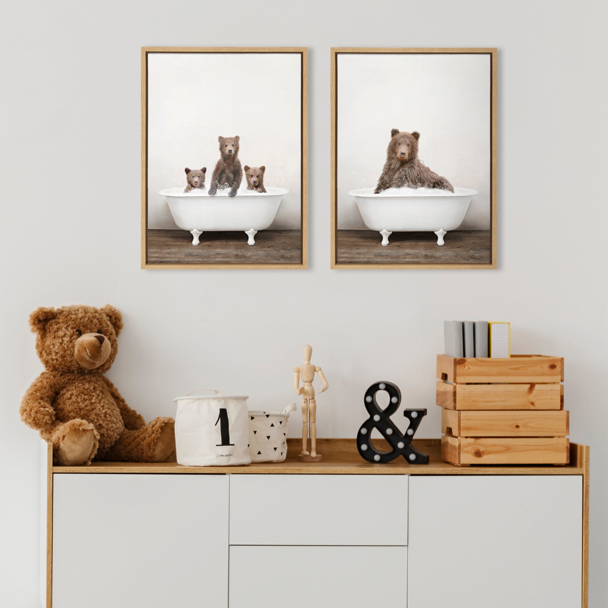 Sylvie Three Bears Rustic Bubble Bath and Bear Rustic Bubble Bath Framed Canvas by Amy Peterson Art Studio