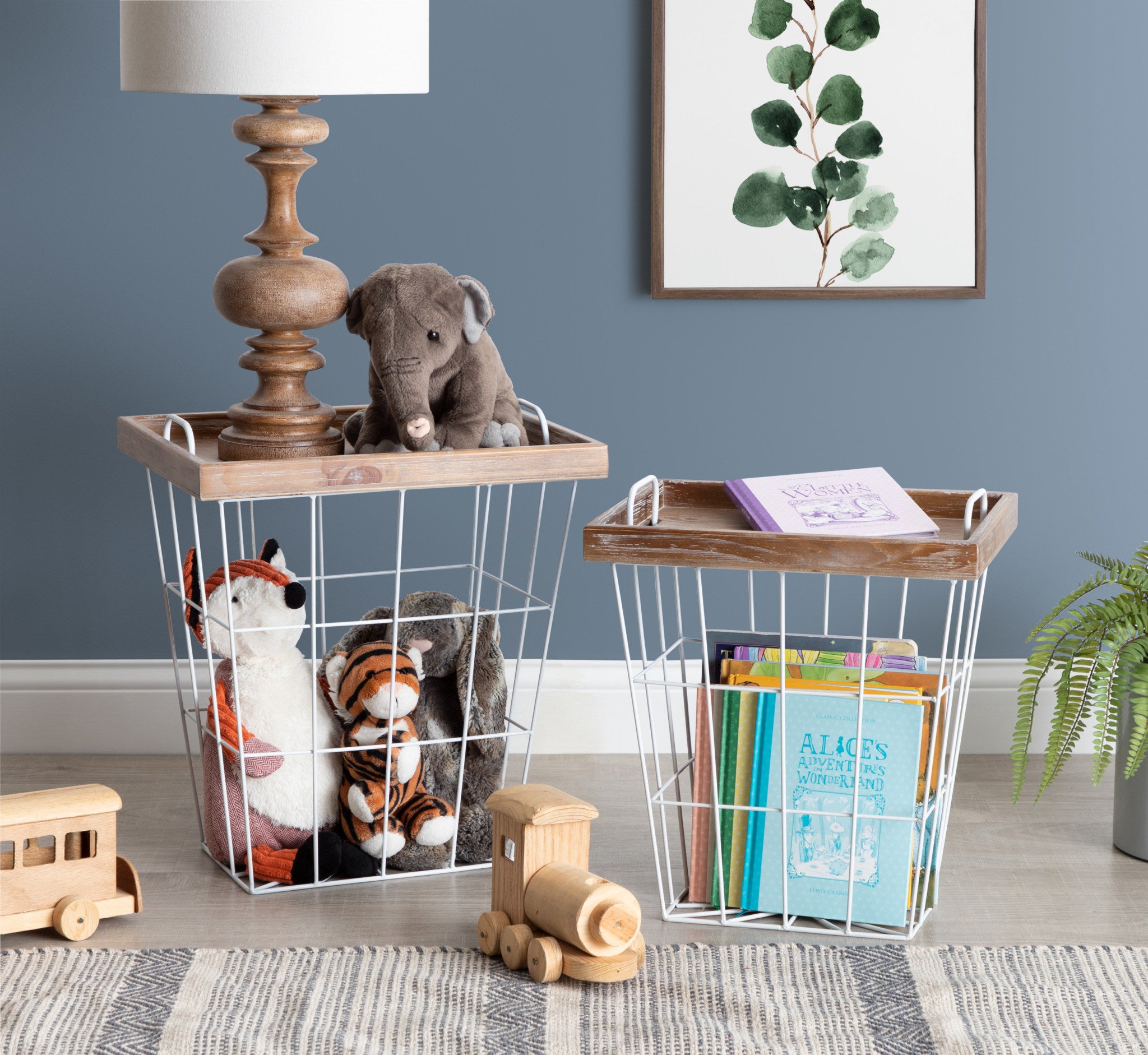 Tenby Wood Tray and Metal Basket Nesting End Tables kateandlaurel