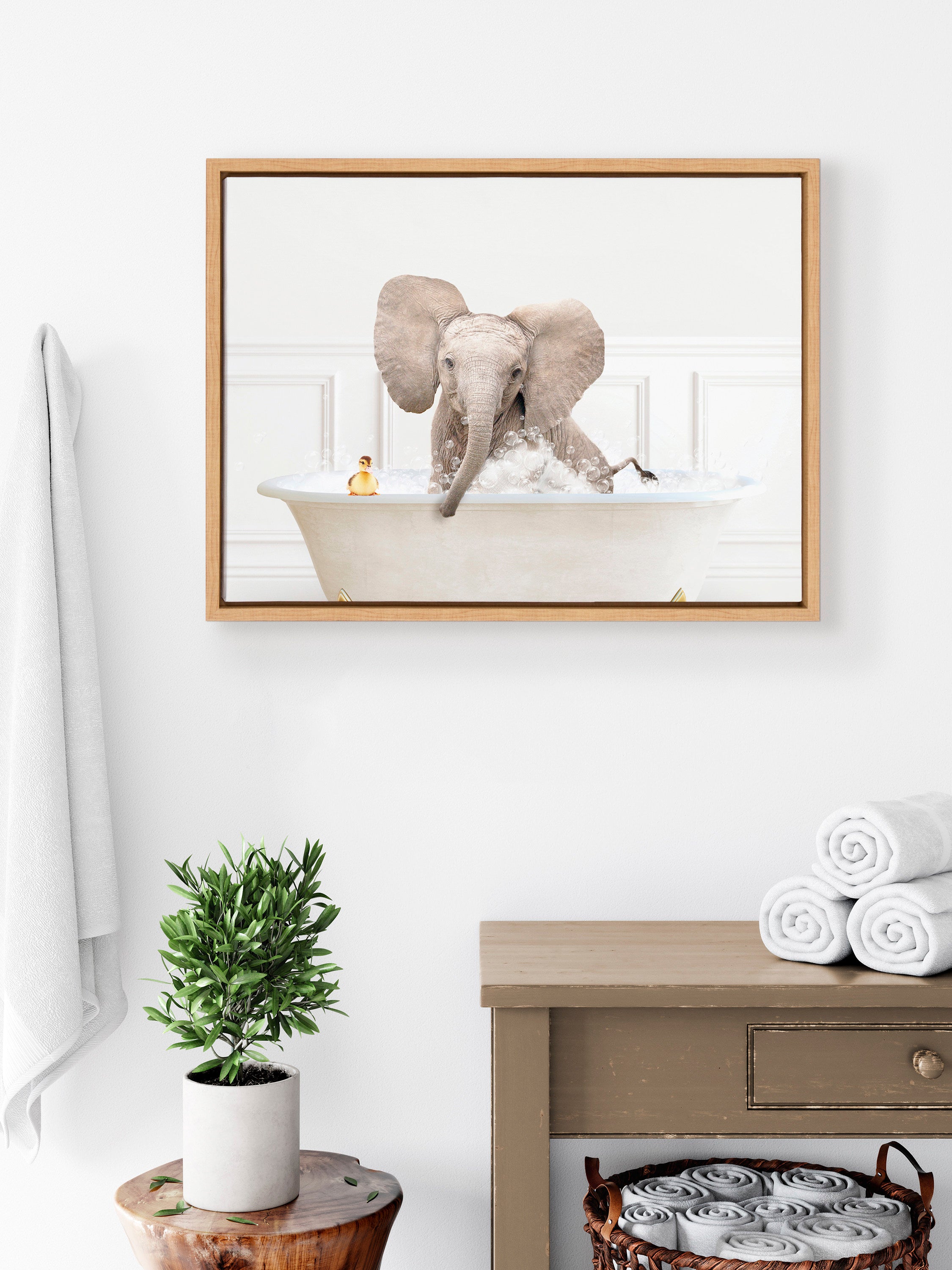 Sylvie Baby Elephant No4 In Bubble Bath Neutral Style Framed Canvas by Amy Peterson Art Studio