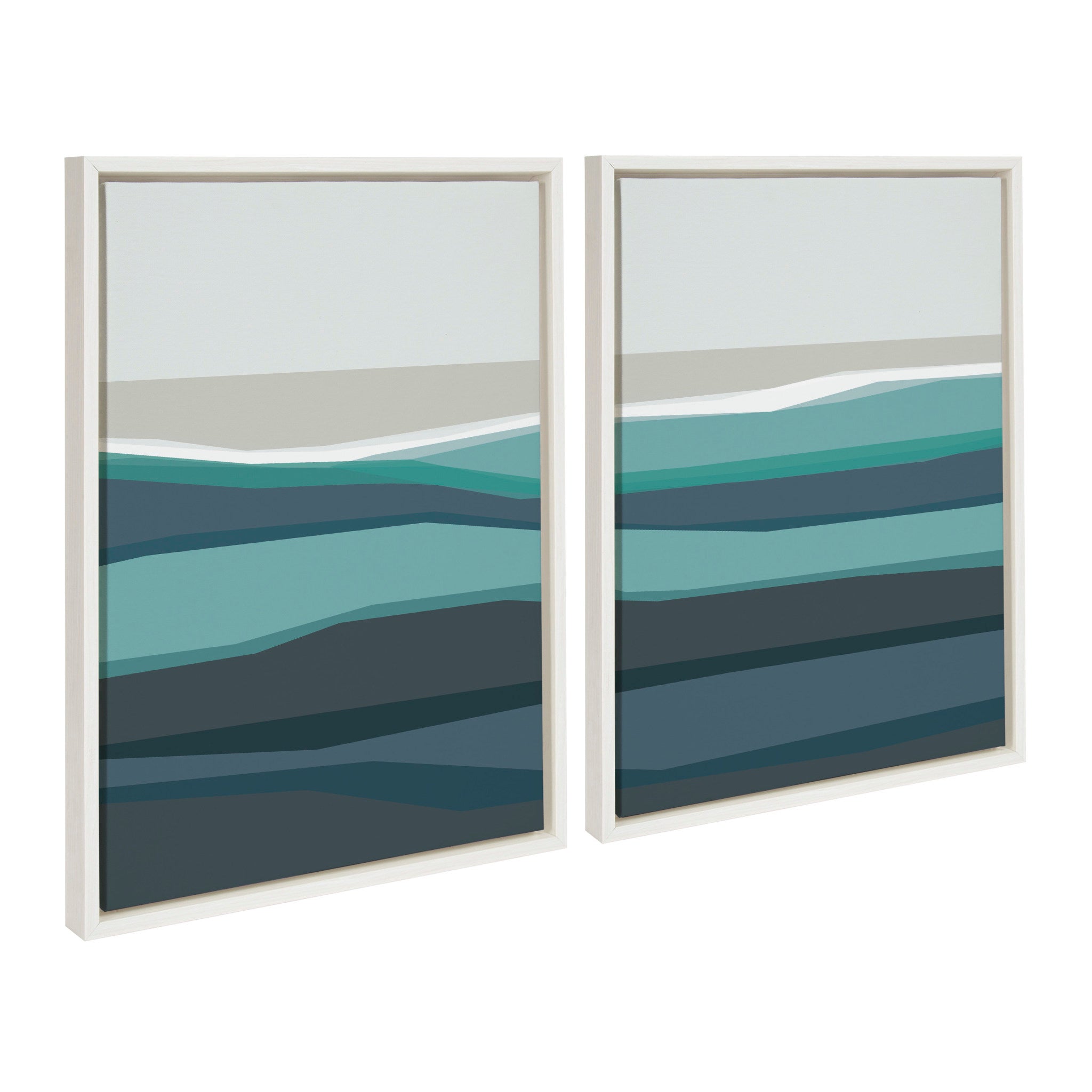 Sylvie Abstract Teal Beach Horizon Left and Right Framed Canvas by The Creative Bunch Studio