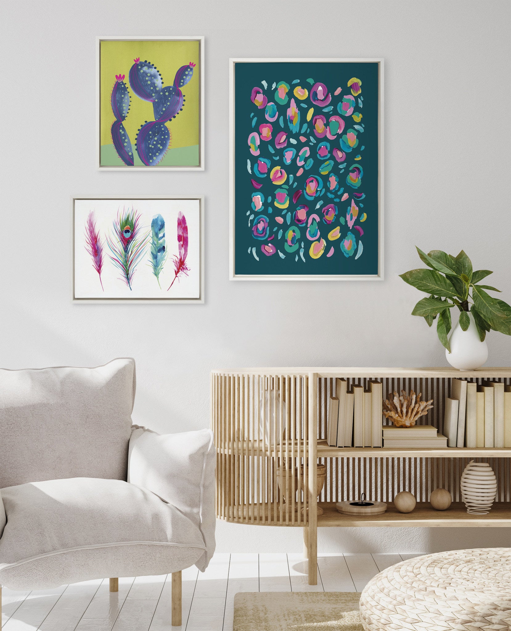 Sylvie Leopard 3, Feather Four and 800 Folk Cactus v2 Framed Canvas by Jessi Raulet of Ettavee