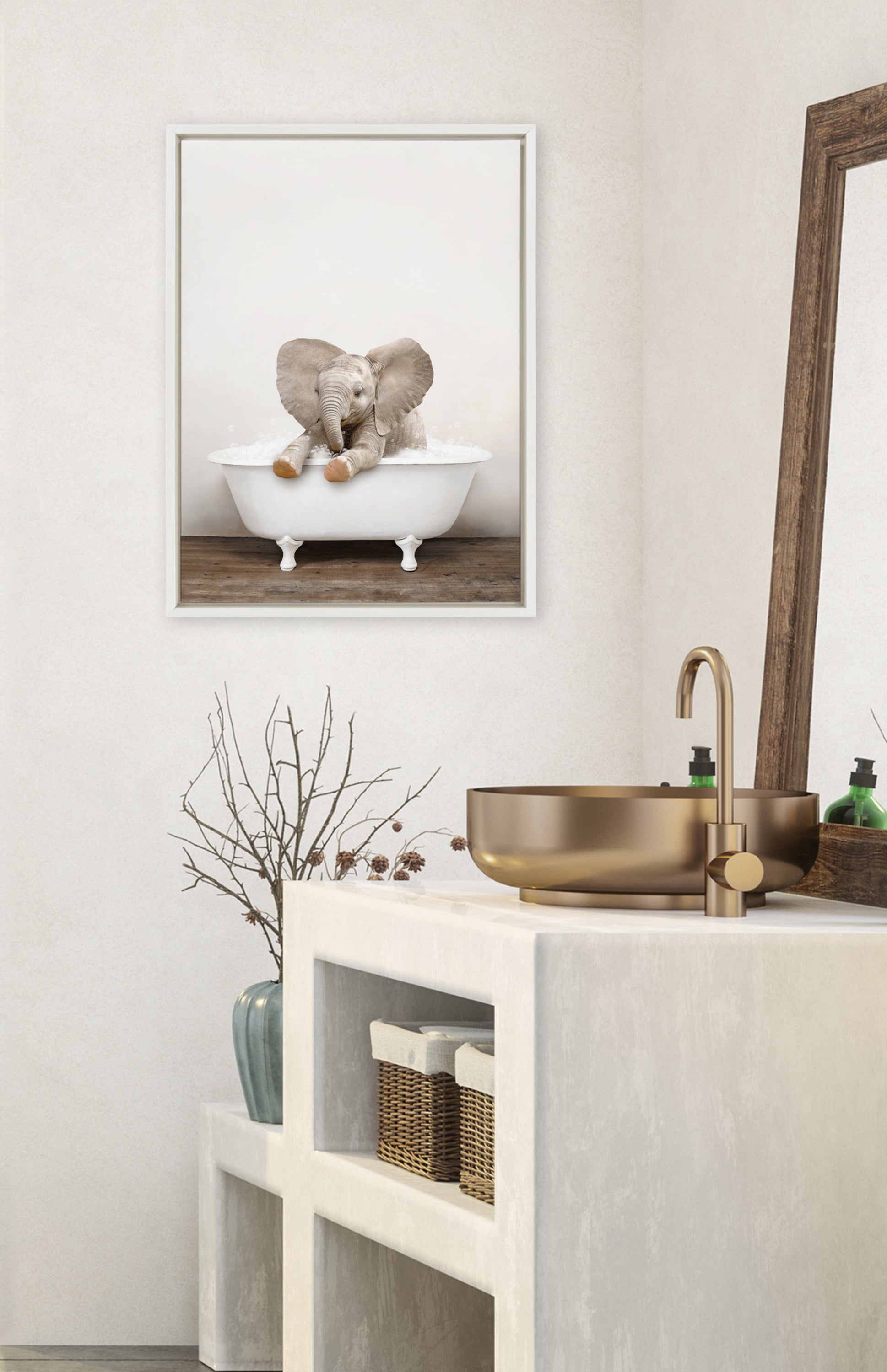 Sylvie Baby Elephant No 6 in Rustic Bath Framed Canvas by Amy Peterson Art Studio