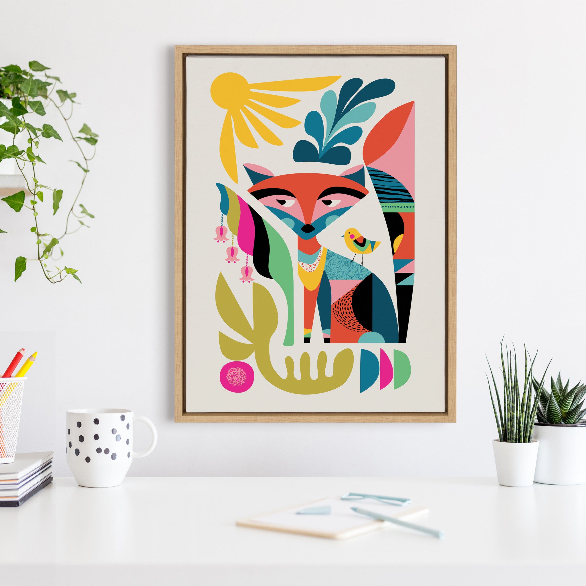 Sylvie Mid Century Modern Fox Framed Canvas by Rachel Lee of My Dream Wall