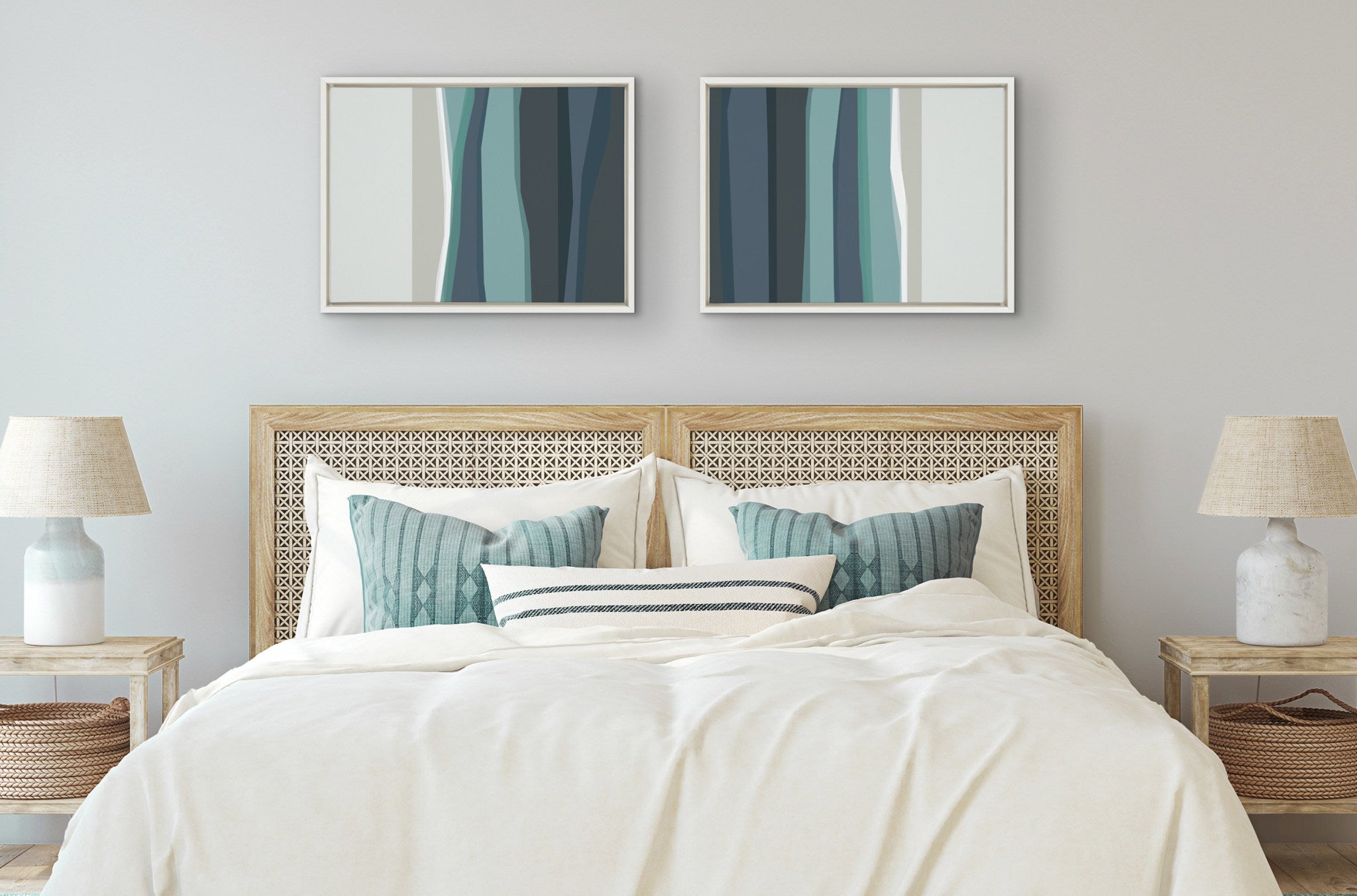 Sylvie Abstract Teal Beach Horizon Left and Right Framed Canvas by The Creative Bunch Studio
