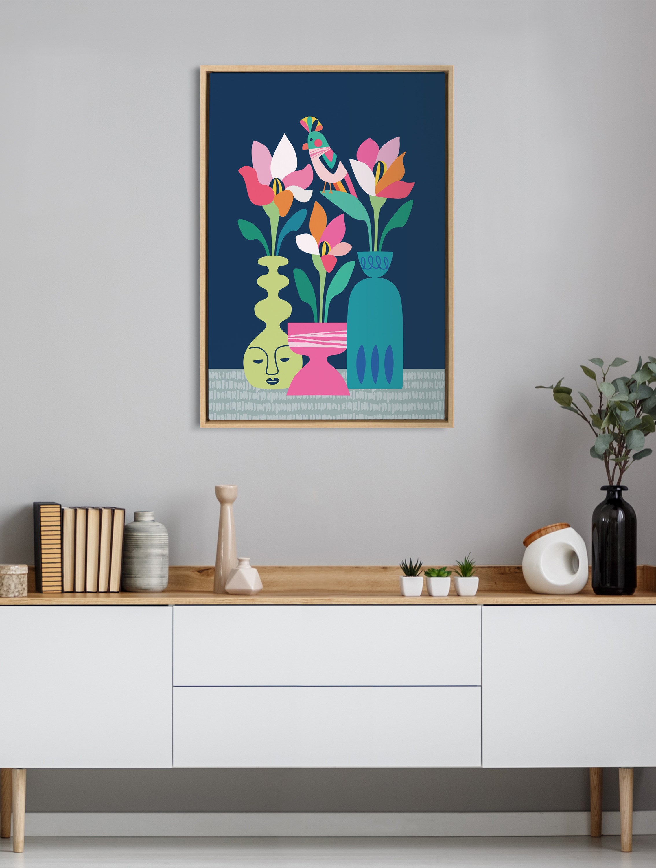 Sylvie Mid Century Modern Magnolias Framed Canvas by Rachel Lee of My Dream Wall