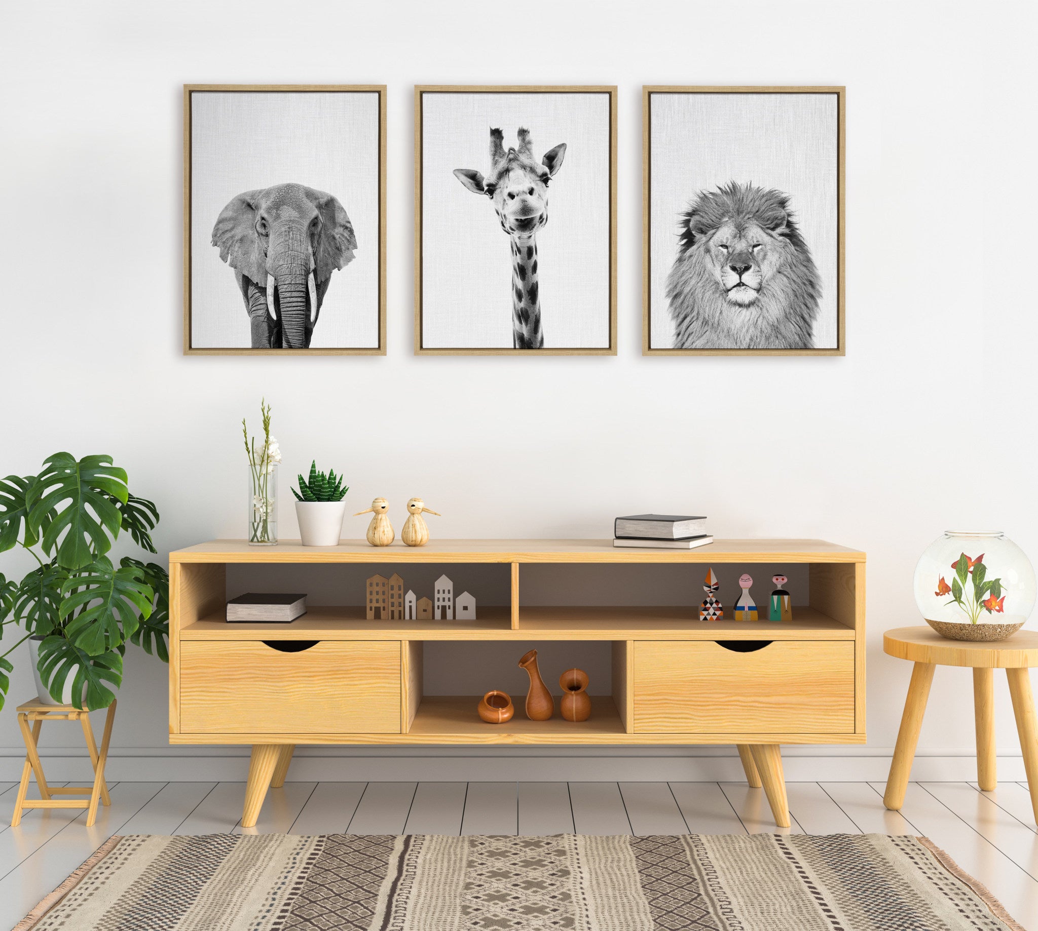 Sylvie Elephant, Giraffe and Lion Framed Canvas by Simon Te of Tai Prints