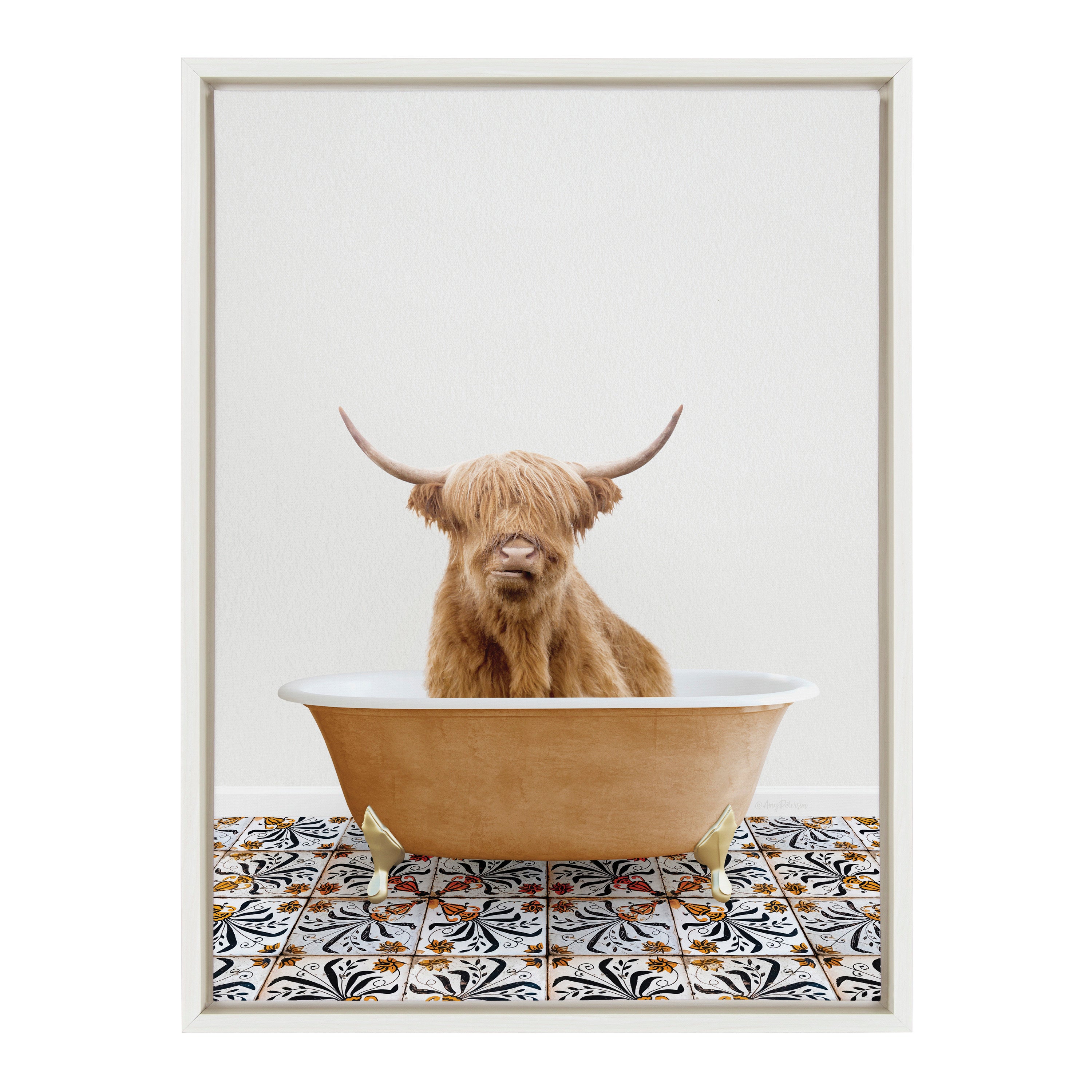 Sylvie Highland Cow In Mediterranean Bath Framed Canvas by Amy Peterson Art Studio