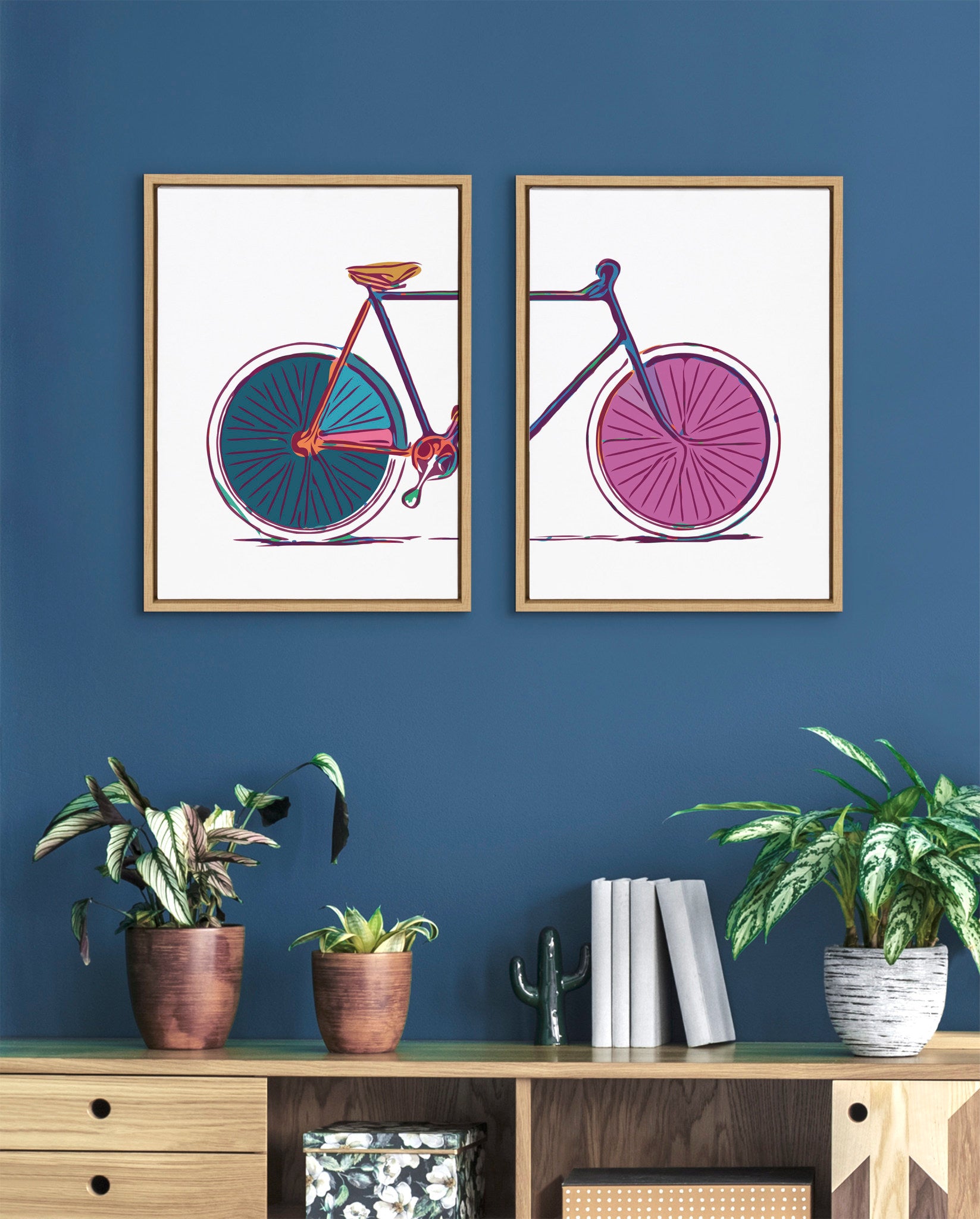 Sylvie Colorful Bike Left and Right Framed Canvas Set by Apricot and Birch