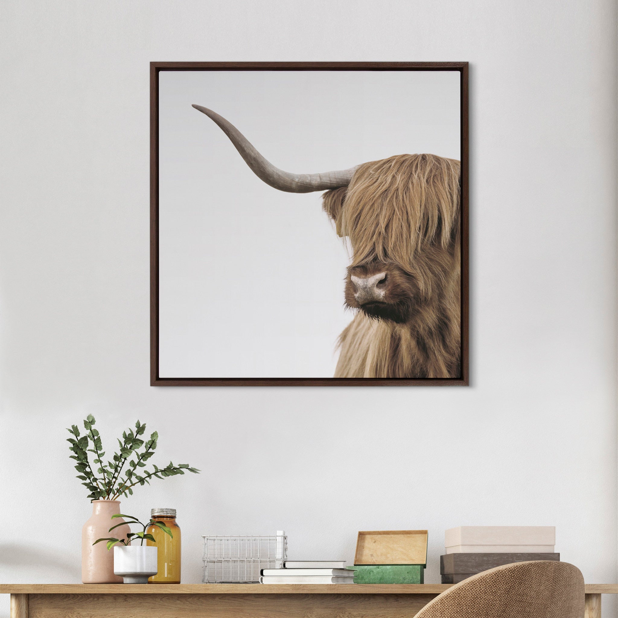 Sylvie Highland Cow Portrait Framed Canvas by The Creative Bunch Studio