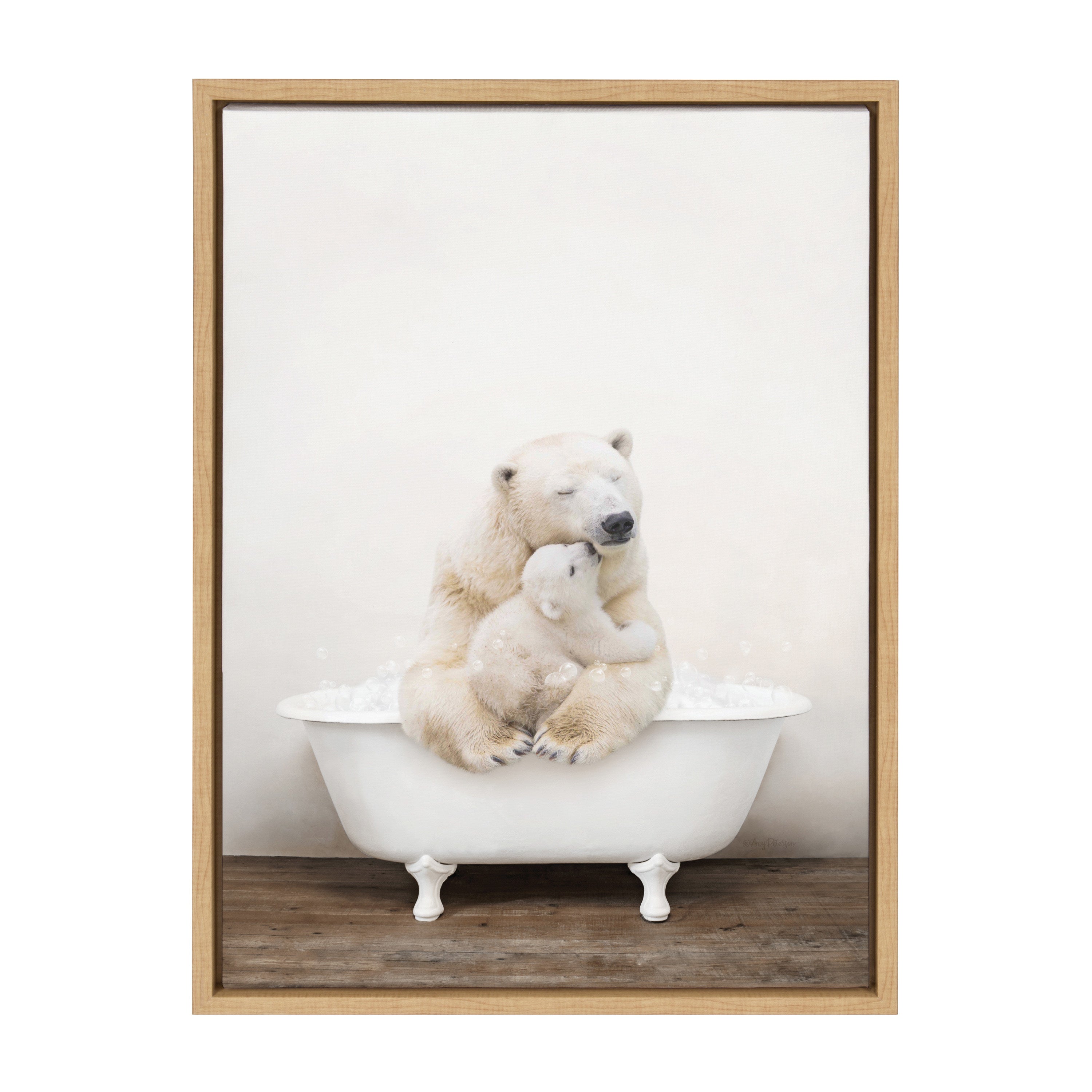 Sylvie Mother and Baby Polar Bear in Rustic Bath Framed Canvas by Amy Peterson Art Studio