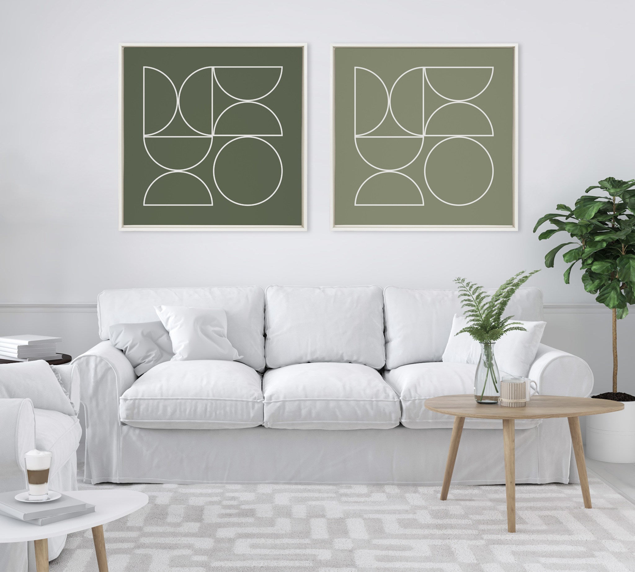 Sylvie Bold Vintage Geometric Line Art Olive Green Framed Canvas by The Creative Bunch Studio