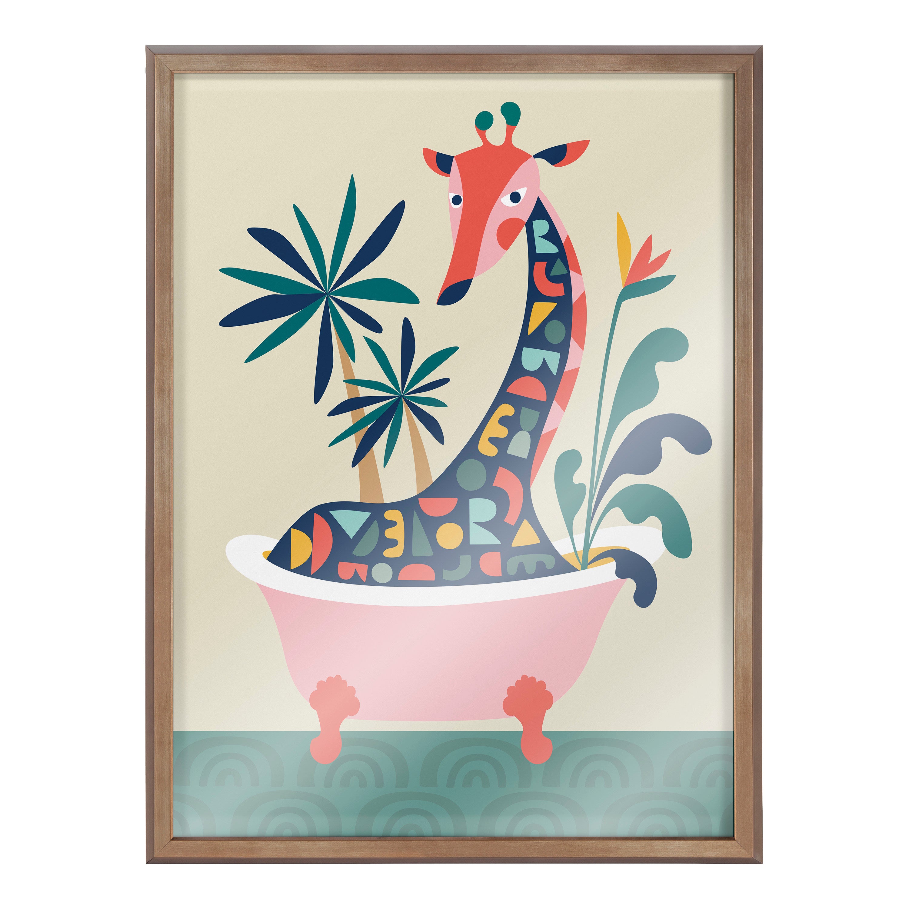 Blake Mid Century Modern Giraffe in Bathtub Framed Printed Glass by Rachel Lee of My Dream Wall