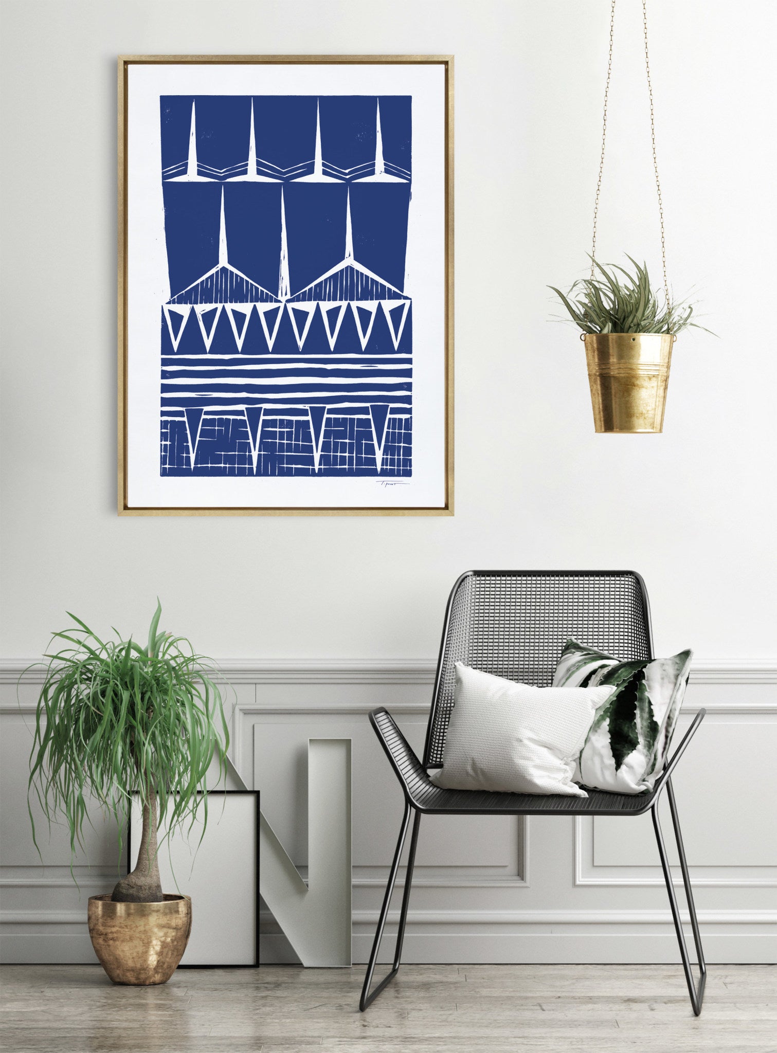 Sylvie Modern Tribal Block Print Indigo Framed Canvas by Statement Goods