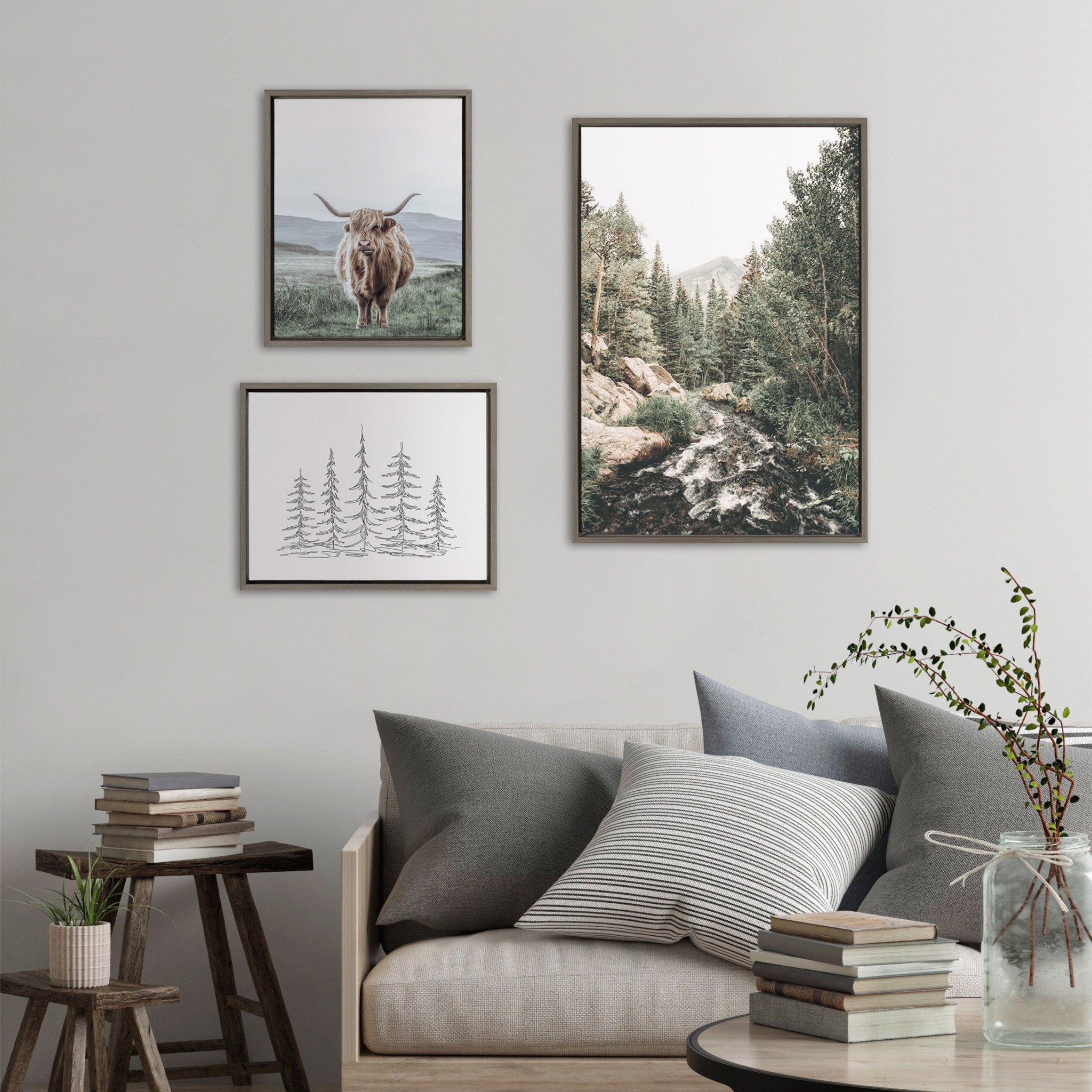 Sylvie Meet Me Here, Highland Cow Muted Mountain Landscape and Minimalist Evergreen Trees Sketch Framed Canvas Set by Various Artists