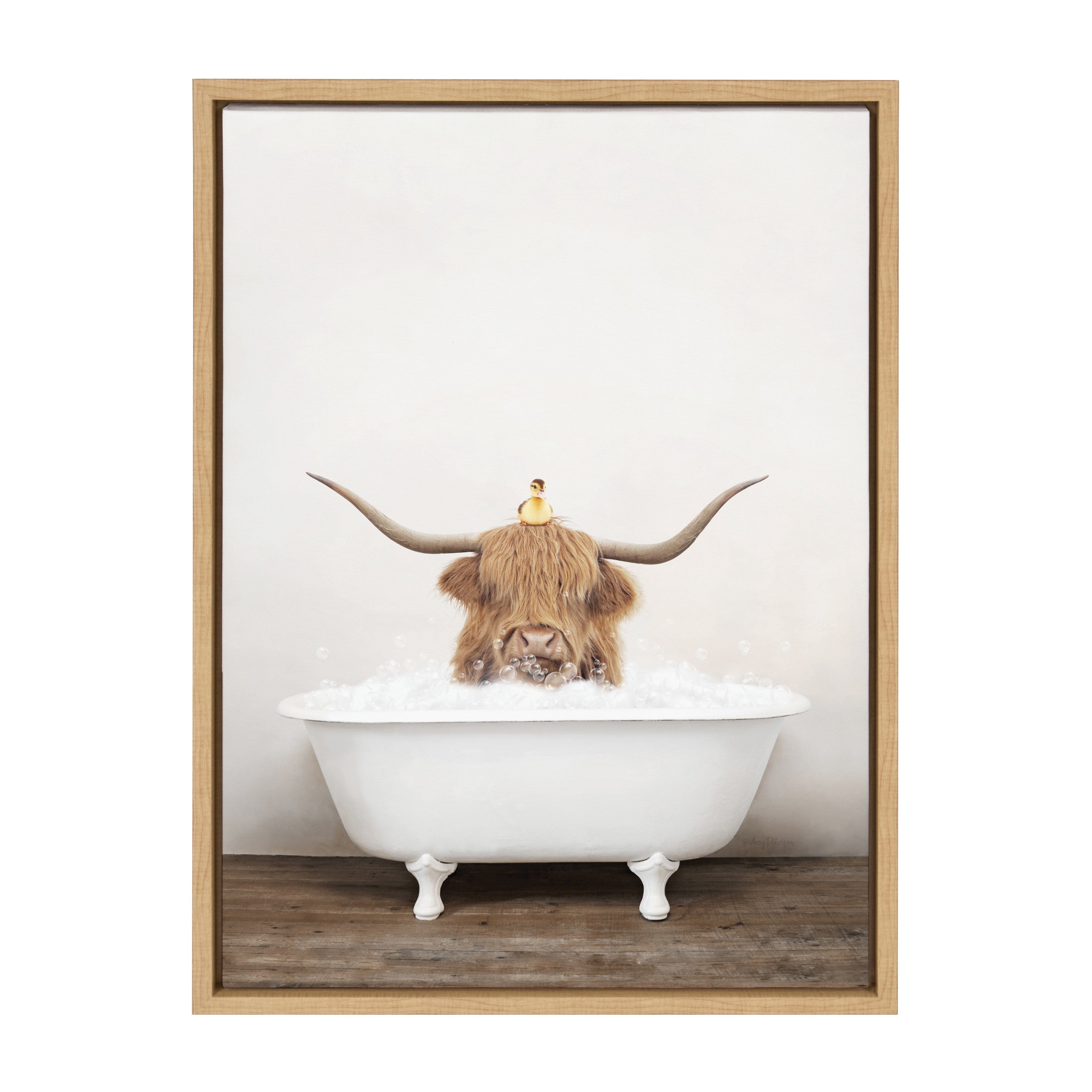 Sylvie Highland Cow and Duckling in Rustic Bath Framed Canvas by Amy Peterson Art Studio