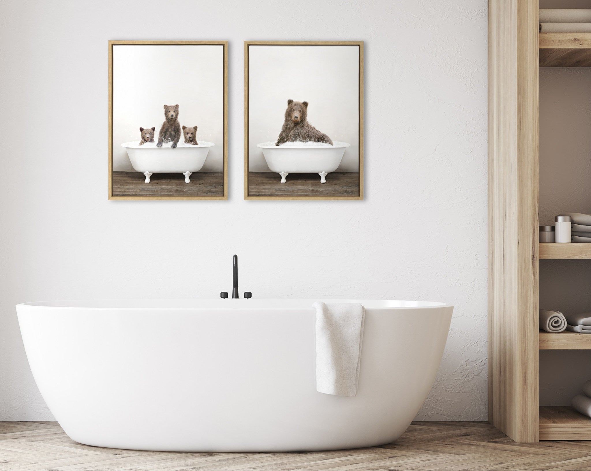 Sylvie Three Bears Rustic Bubble Bath and Bear Rustic Bubble Bath Framed Canvas by Amy Peterson Art Studio
