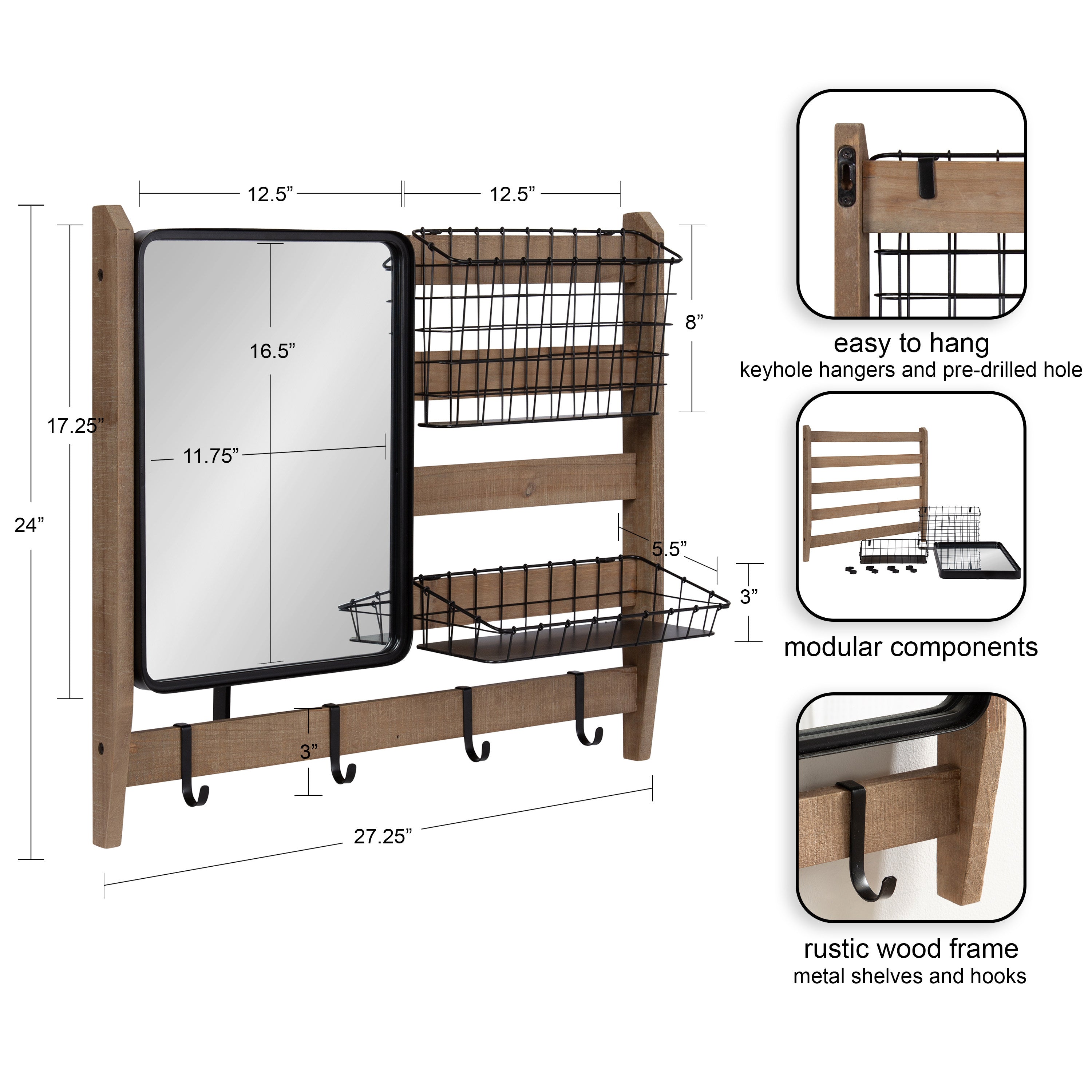 Kate and Laurel Tanner Wall Organizer with Mirror and Hooks, 28 x 8 x 24,  Rustic Brown and Black, Farmhouse Wall Organization Home Office Station  with Baskets for Modular Storage – kateandlaurel