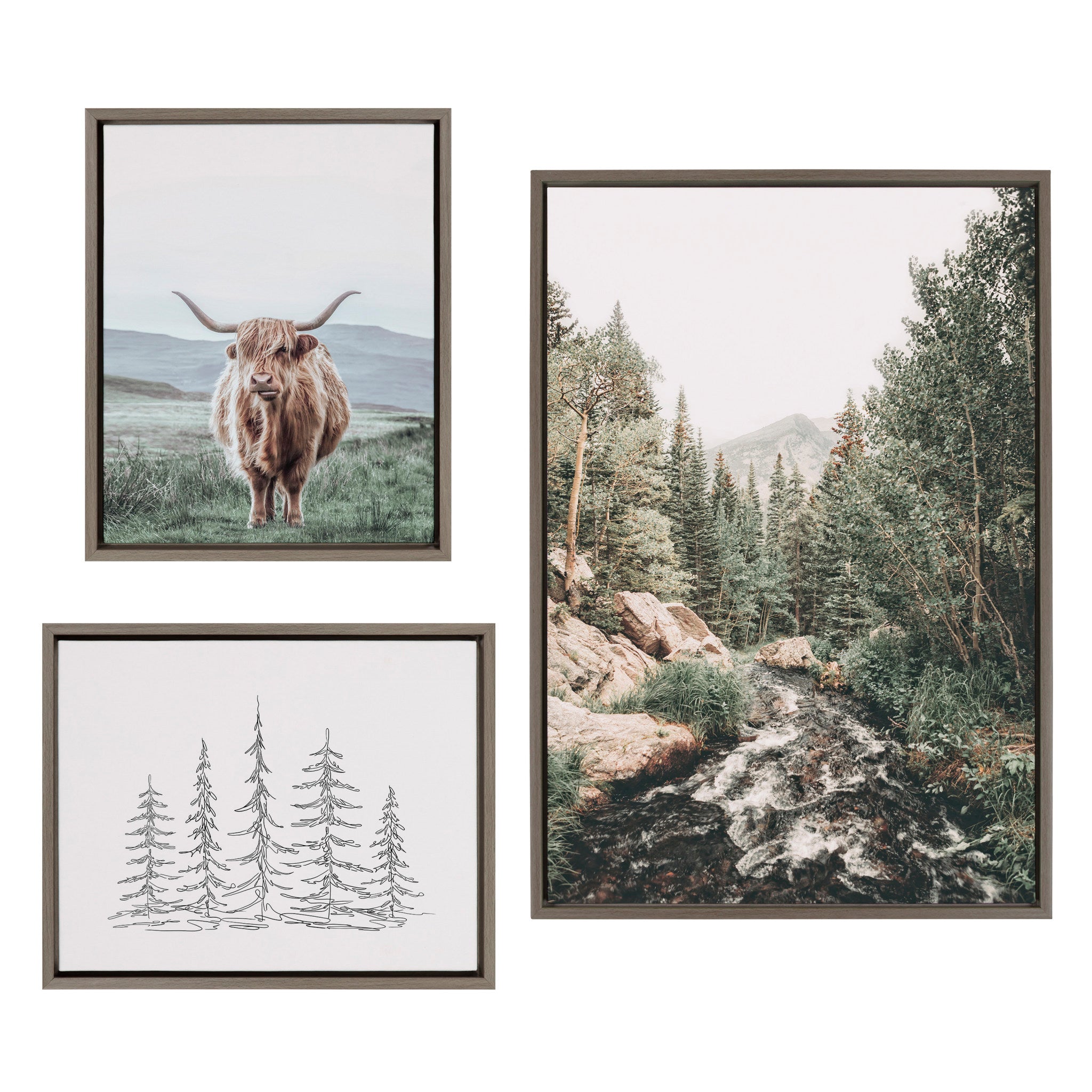 Sylvie Meet Me Here, Highland Cow Muted Mountain Landscape and Minimalist Evergreen Trees Sketch Framed Canvas Set by Various Artists