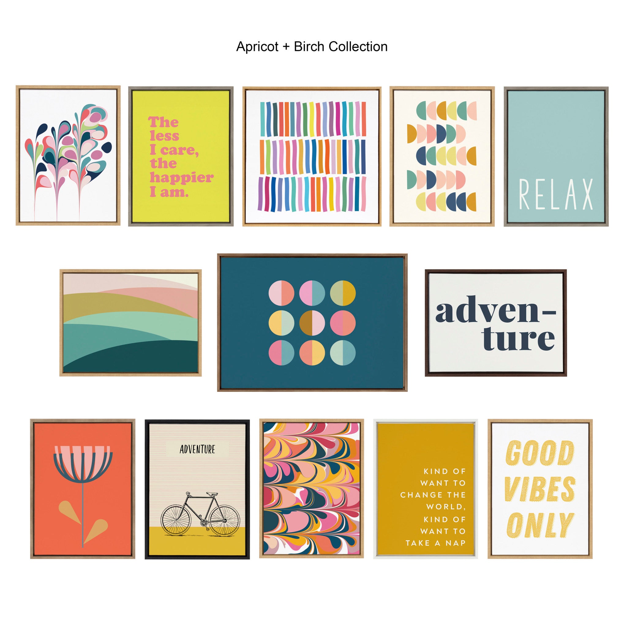 Sylvie Less I Care Happier I am in Yellow and Pink Framed Canvas by Apricot and Birch