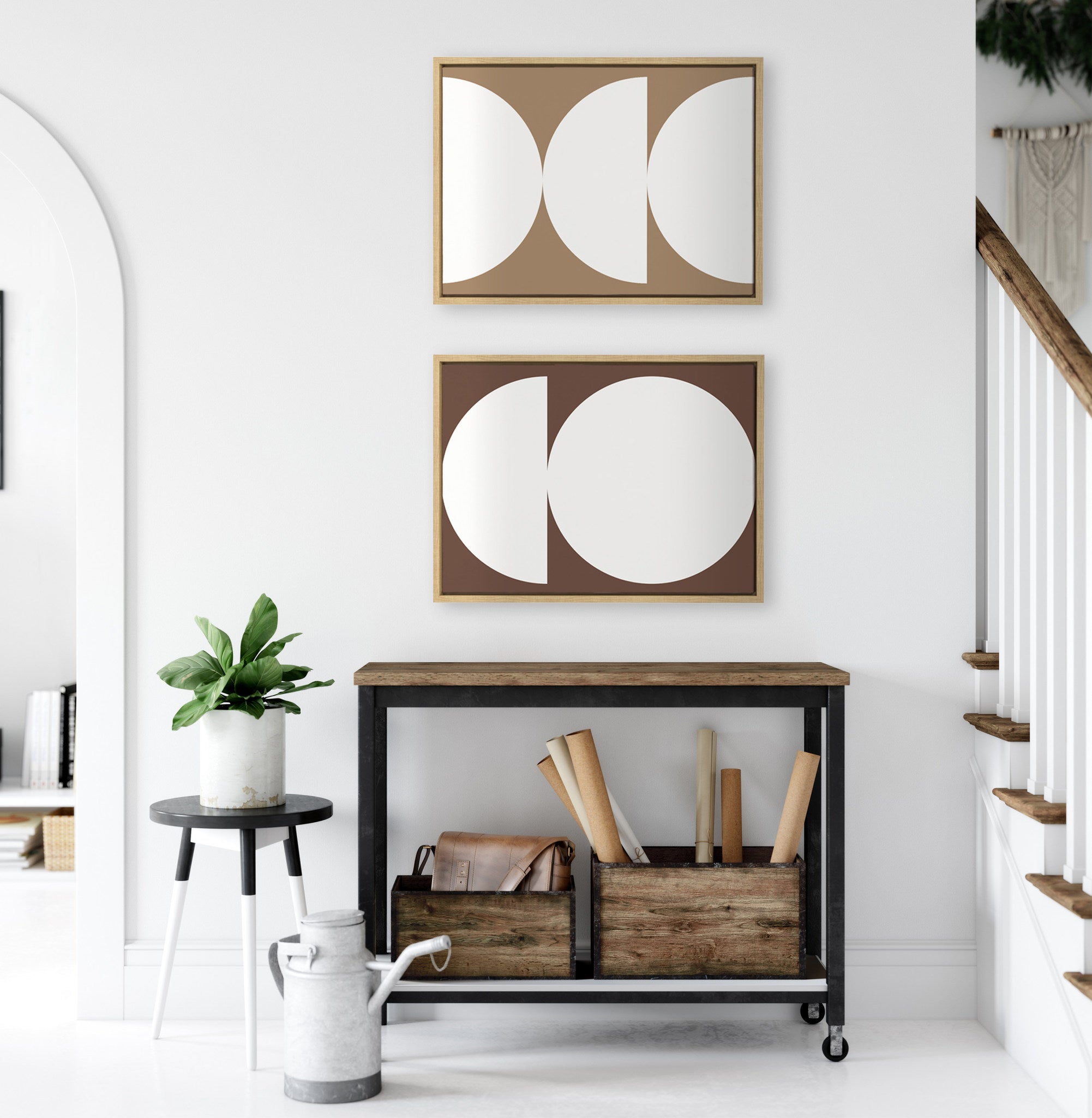 Sylvie Earthy Boho Geometric 1 Brown and Earthy Boho Geometric 2 Terra Cotta Framed Canvas by The Creative Bunch Studio