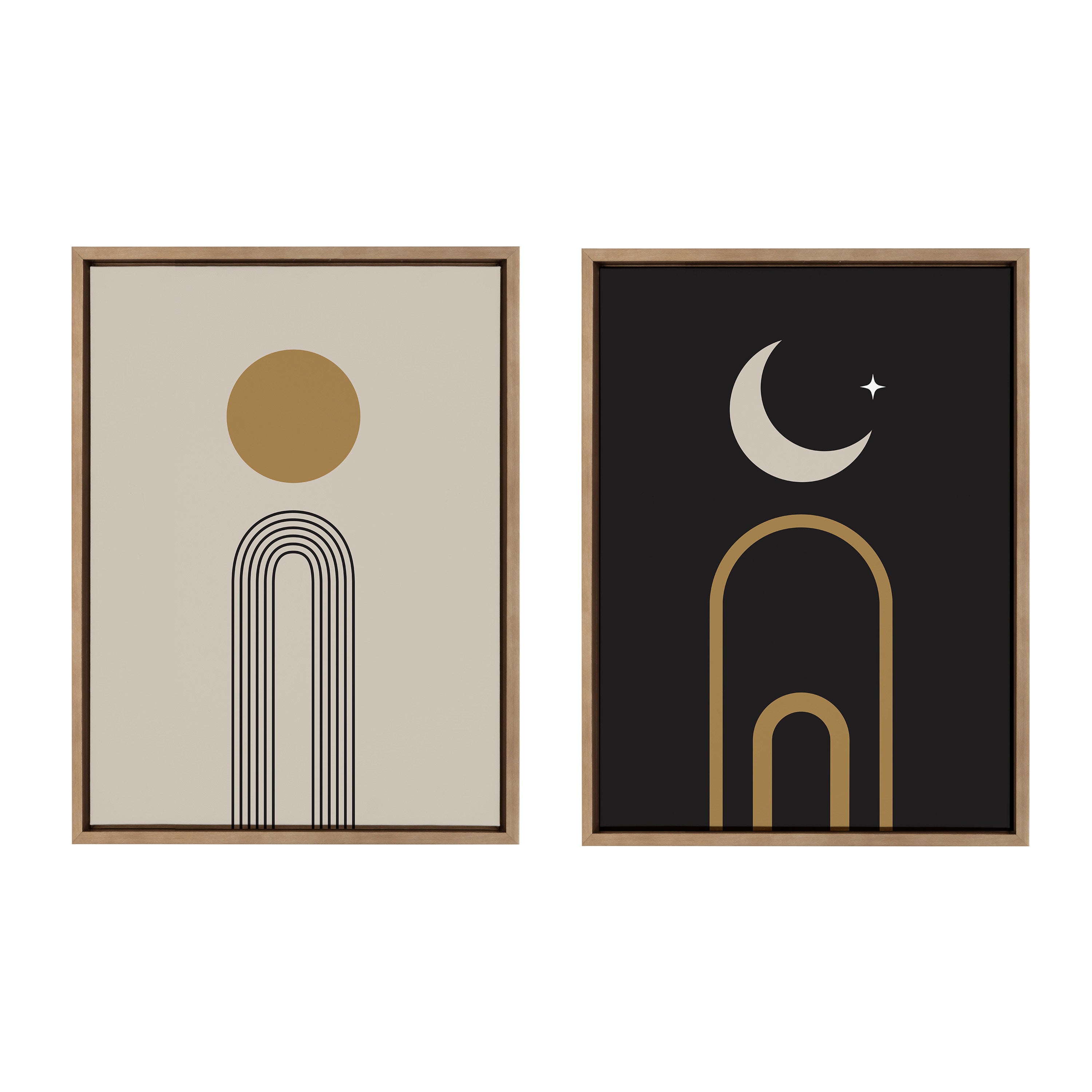 Sylvie Boho Minimalist Sunrise Rainbow and Boho Minimalist Moon Arches Framed Canvas Art Set by The Creative Bunch Studio