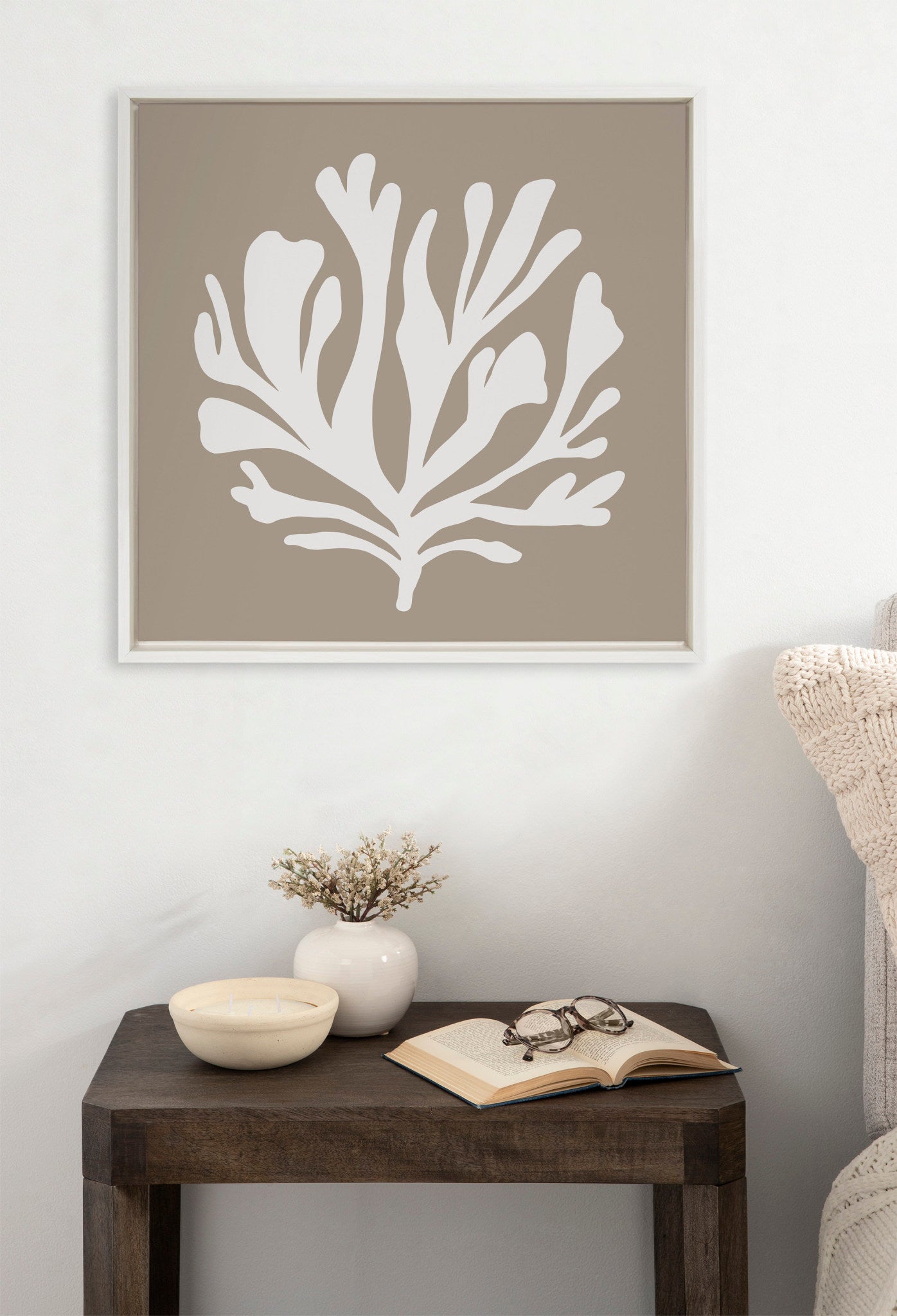 Sylvie Sophisticated Neutral Coral Tan Framed Canvas by The Creative Bunch Studio
