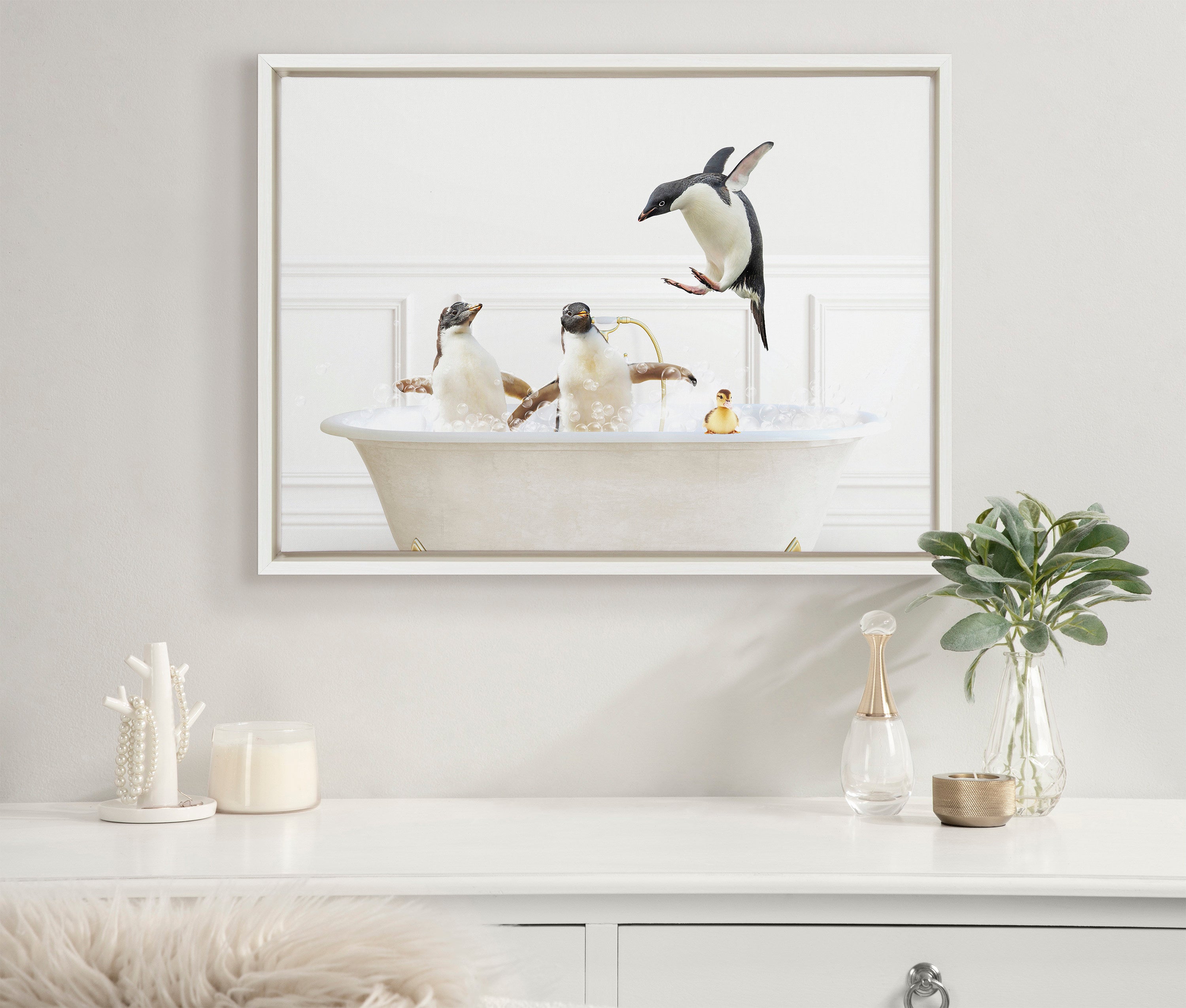 Sylvie Penguins In Bubble Bath Neutral Style Framed Canvas by Amy Peterson Art Studio